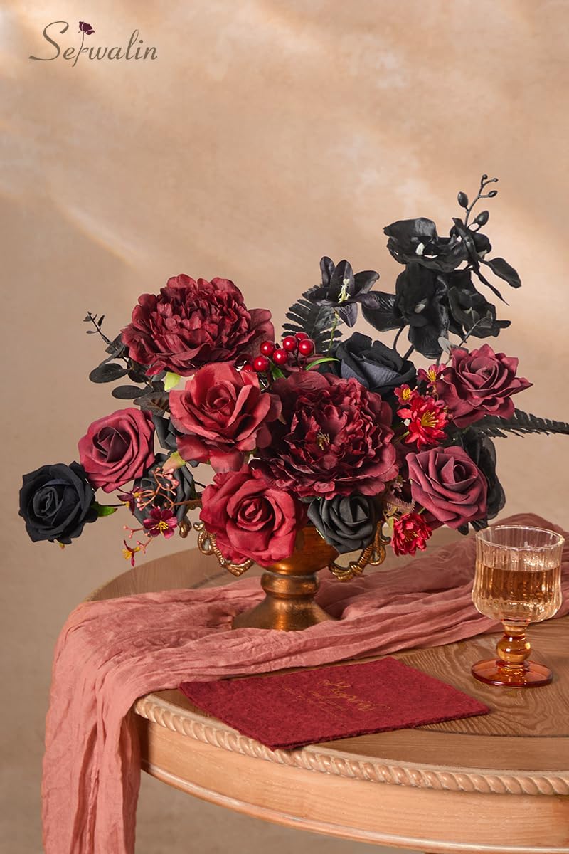 Serwalin Burgundy Black Artificial Flowers, Fake Silk Flowers for DIY Wedding Bridal Bouquet, Wedding Cake Flowers for Table Centerpieces Floral Arrangements Party Home Decorations - Image 3