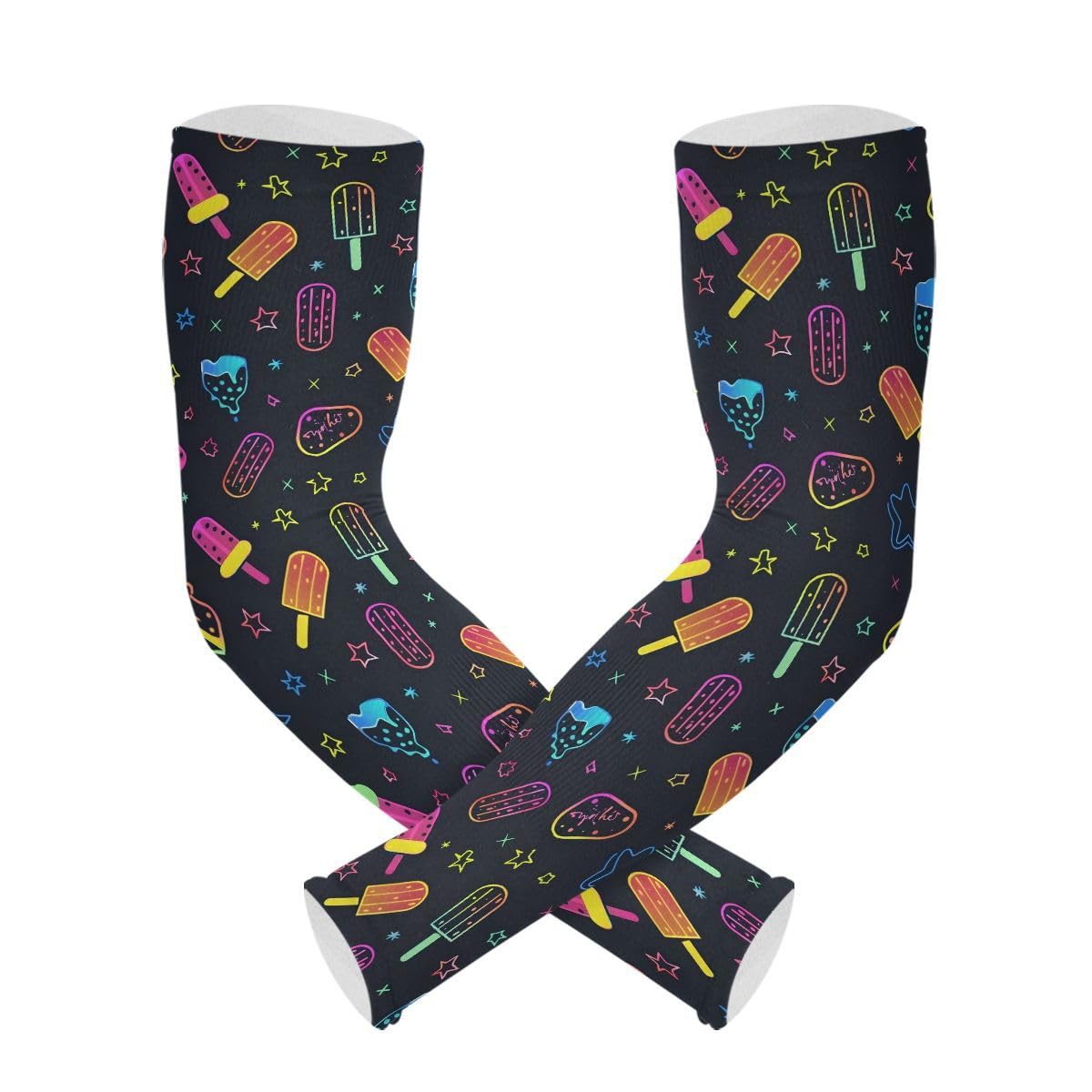 ALAZA Ice Cream Star Black Gardening Sleeves Cooling Arm Sleeves Sun Protection Thumb Hole Arm Covers for Women Men