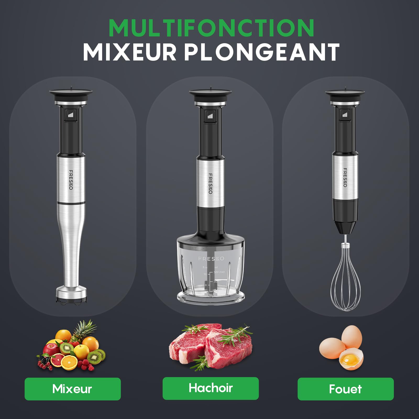 FRESKO Mixeur Plongeant 1000W avec Accessoires, Pied Mixeur Inox comprenant Fouet, Hachoir 500ml, Verre Doseur avec Couvercle & Capuchon Protecteur, Vitesses Réglables pour Smoothies, Soupes