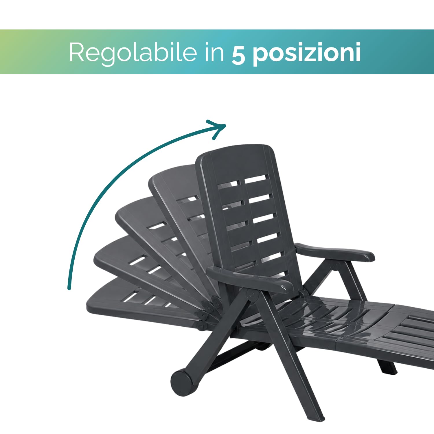 PALUPLUS 2 Lettini Prendisole Pieghevoli in Plastica Antracite, misura 189x72x96 cm, Schienale Regolabile, 2 Ruote, Letto da Esterno per Giardino, Spiaggia, Piscina, Made Italy -SME007F