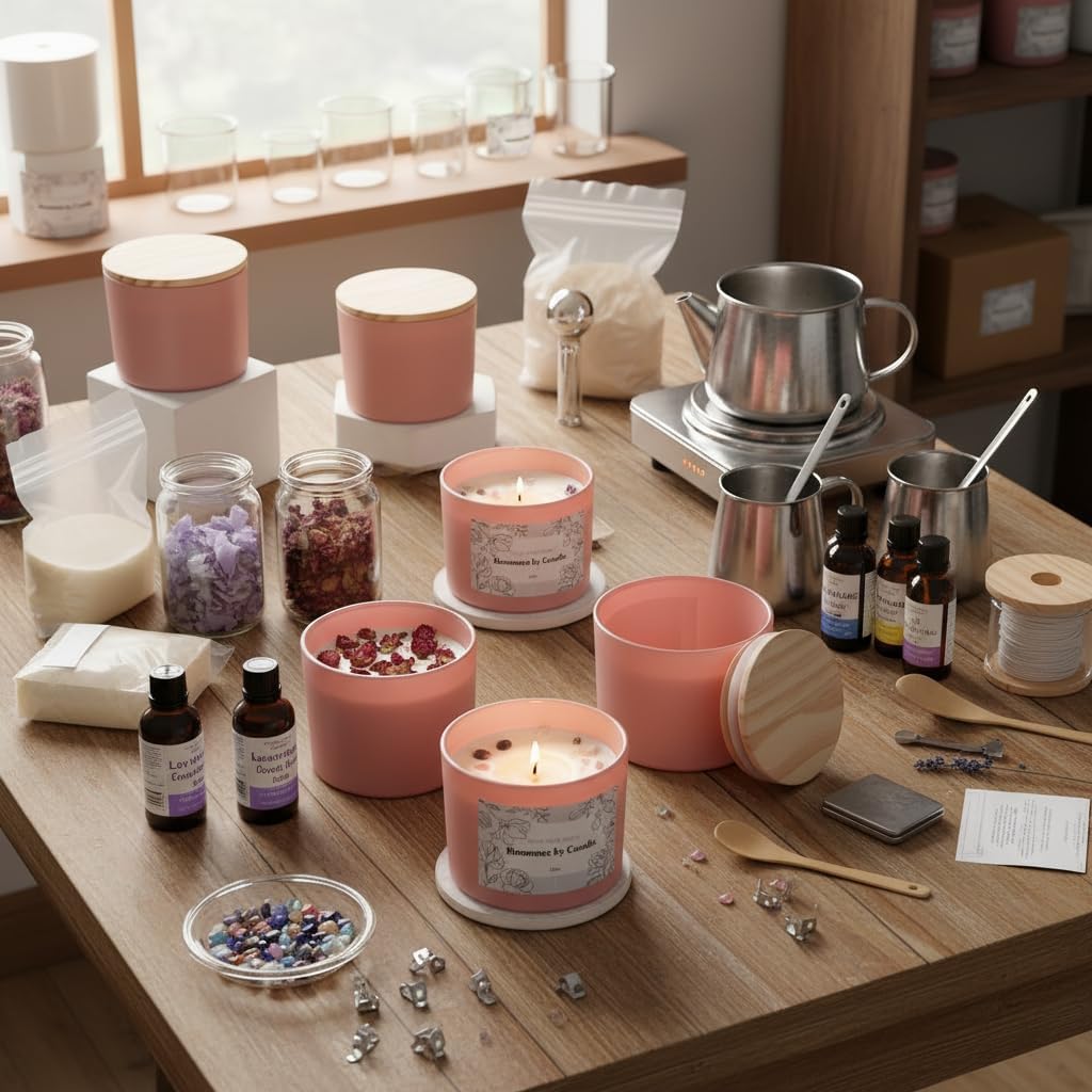 REISEN 6Pcs Assorted Pink Candle Jars for Making Candles, 12oz Empty Candle Jars with Bamboo Lids,Labels and 100g Crystal Rocks, Glass Jars for Candle Making Supplies, Candle Containers for DIY Gifts