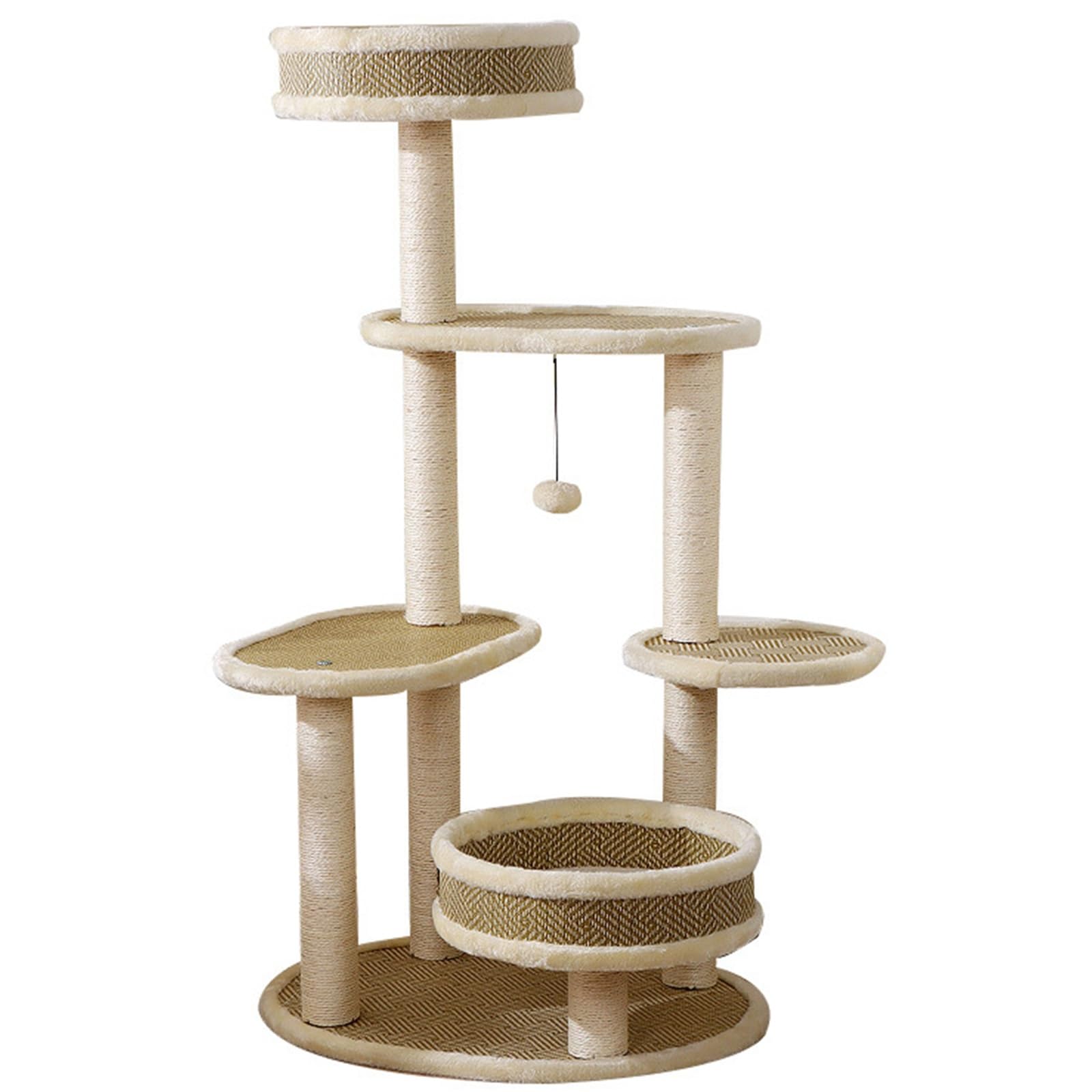Torre Moderna Tiragraffi Gatto a Più Livelli con Tiragraffi in Sisal Bianco, Cucce per Gatti, Trespolo Superiore, Palline Penzolanti e Piattaforme per Saltare