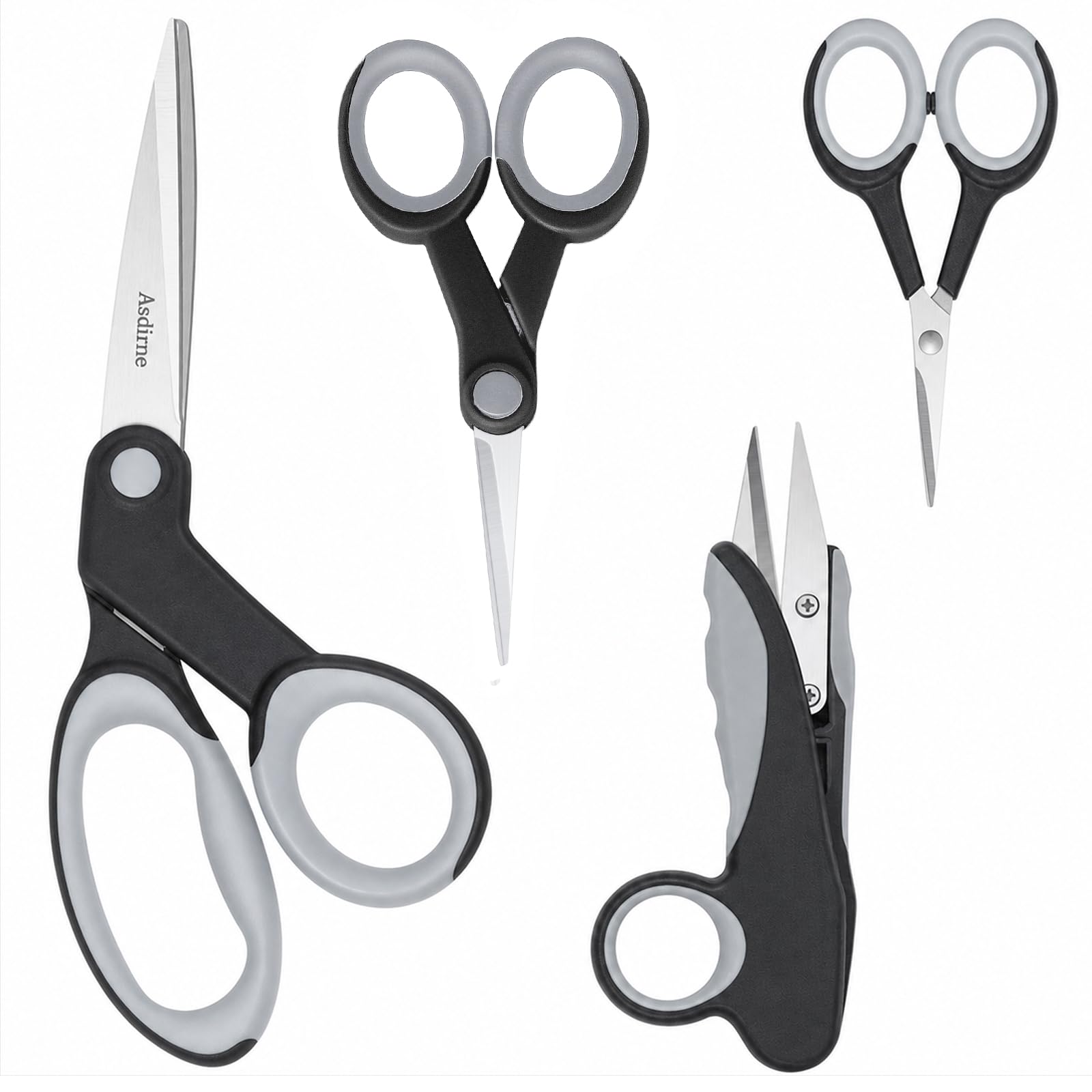 Asdirne Premium Sewing Scissors Bundle, Sharp and Durable, Comfortable Handle, Contains 9”Fabric Scissors, 5”Detail Shear, 3.9”Embroidery Scissors, 4.8”Thread Snips, Black and Gray