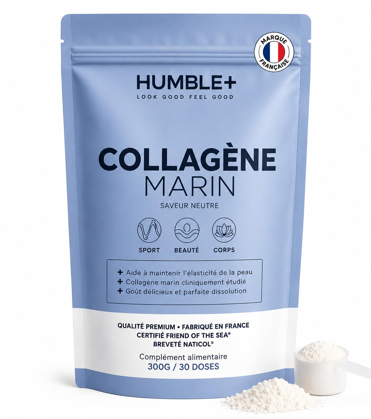 HUMBLE+ Collagène Marin Naticol® en Poudre Saveur Neutre - Peptides de Collagène Type 1-300 g - 60 Portions - Collagène Marin Français