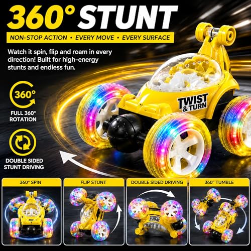 Image of Rechargeable 360 Stunt Remote Control Car for Kids with LED Lights, USB Charging, Anti-Skid Rubber Tires, 4WD RC Toy Car Indoor Outdoor Toy Gift for Boys Girls Age 3 4 5 6 7+ Years 9802Yellow