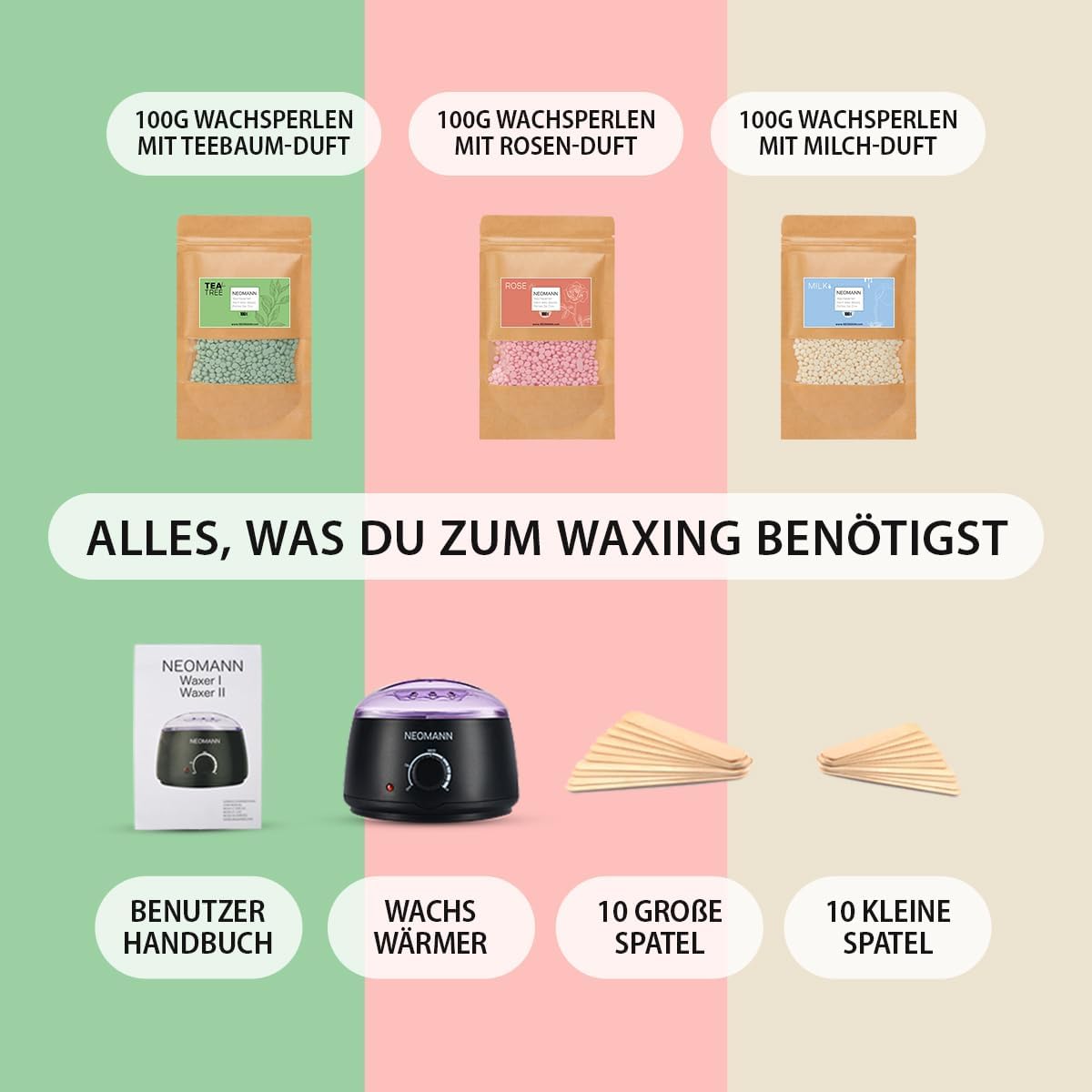 Waxer II Wachs-Set für Frauen und Männer, nicht klebend, teflonbeschichtet – Wachserhitzer zur Haarentfernung inkl. 300 g Wachsperlen, 20 Spatel