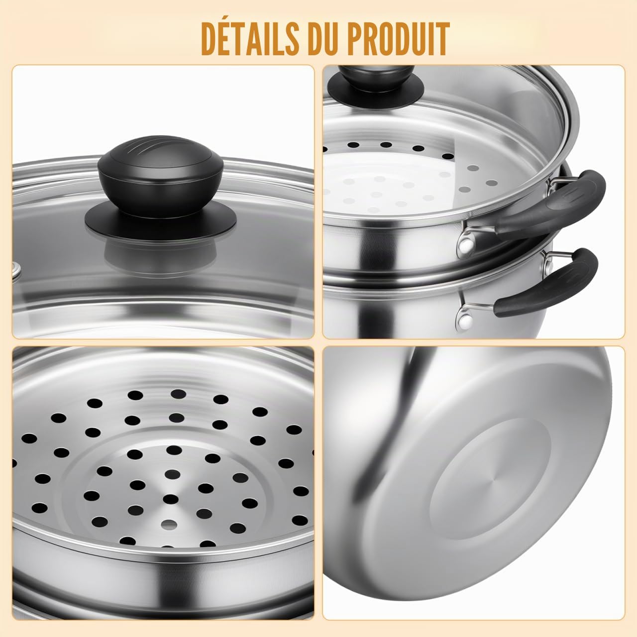 PRETYZOOM Marmite Vapeur Inox 20 Cm Cuiseur Vapeur Compatible Induction Pot Profond Pour Cuisine Maison LéGumes Fruits De Mer