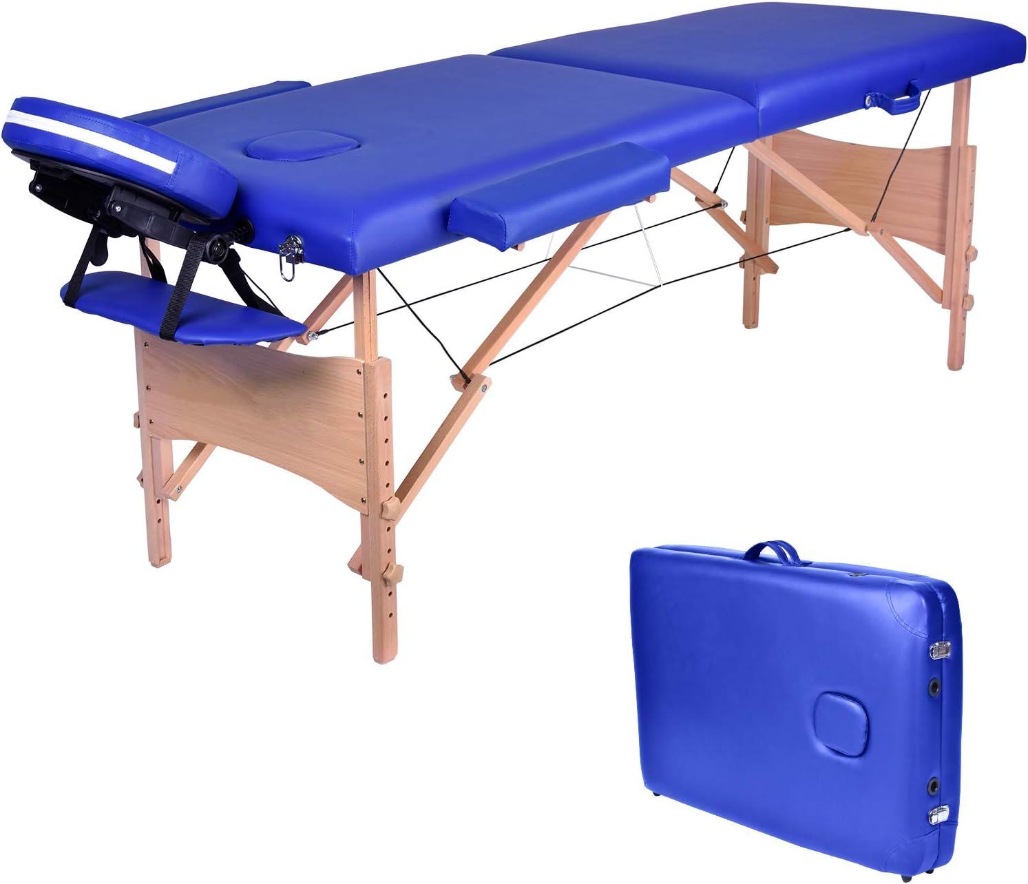 Wellhome Portable 2 Section Wooden Massage Table Lightweight Adjustable Height Professional Folding Massage Bed Beauty Spa Treatment Couch, Free Headrest, Armrest, 600D Carry Bag（Blue）