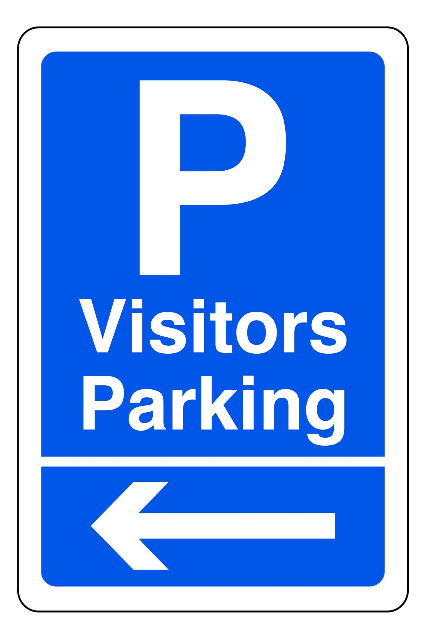 Visitors Parking arrow left - safety sign - High tack self-adhesive sticker (300mm x 200mm) Viewing Distance within 7m.