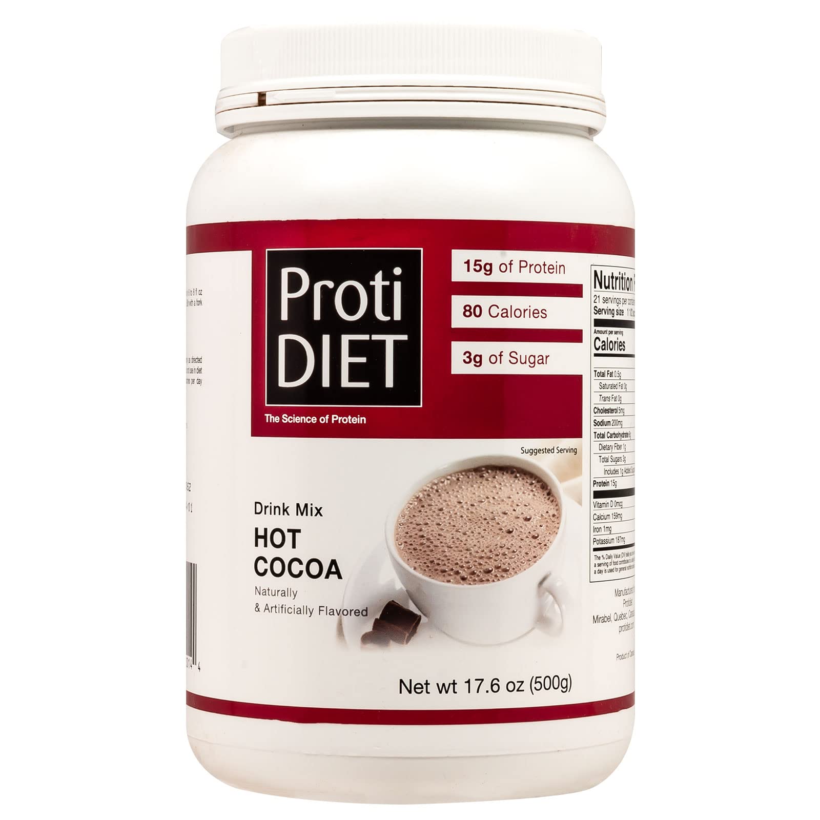 ProtiDiet High Protein Hot Cocoa Drink, 15g Protein, Low Calorie, Low Carb, Low Fat, No Gluten Ingredients, Keto Diet Friendly, Ideal Protein Compatible, Instant Diet Chocolate Mix, 21 Serving Jug