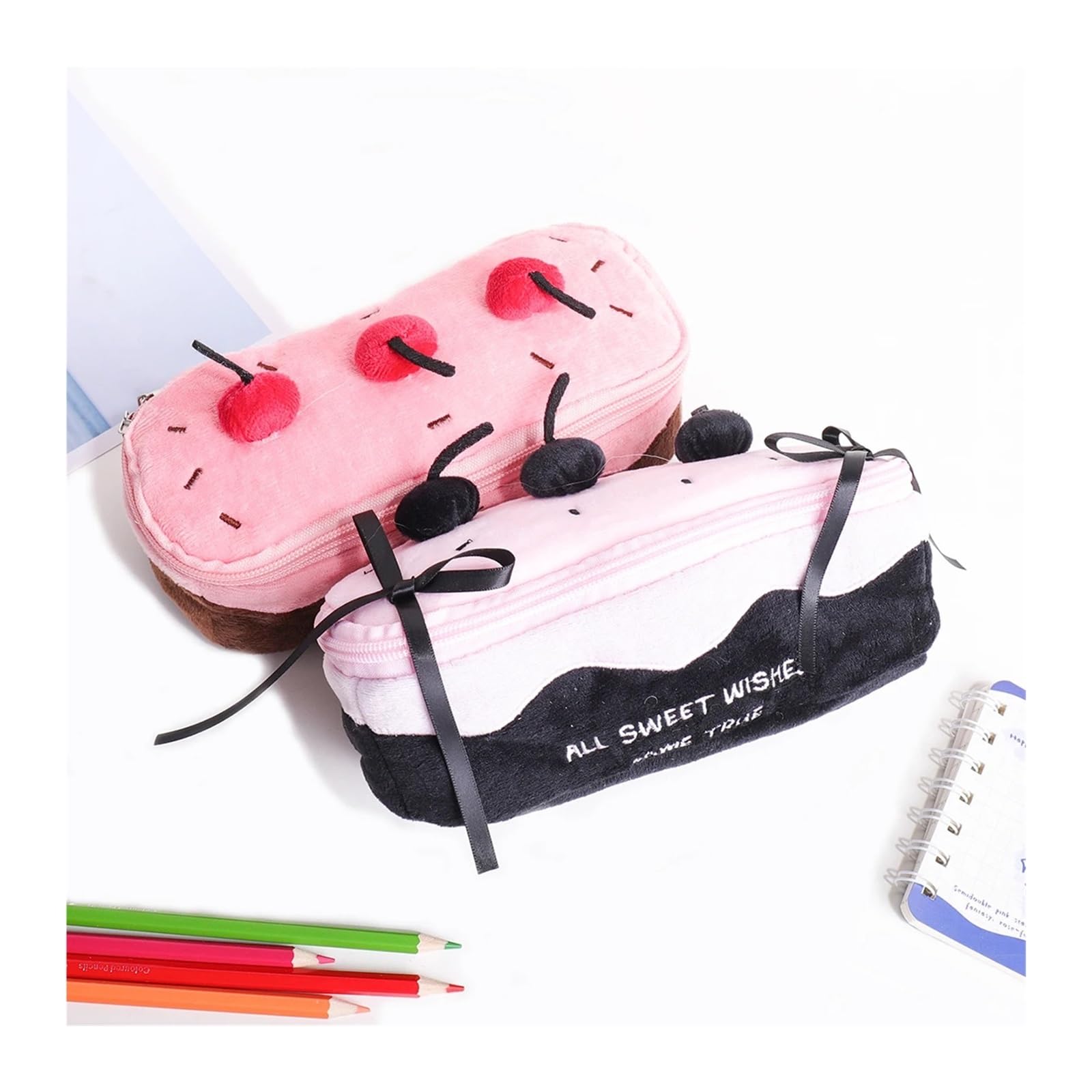 Borsa portapenne in peluche con ciliegia for l'ufficio scolastico | Grande capacità, design for torte, decorazione multifunzionale e carina(Black)
