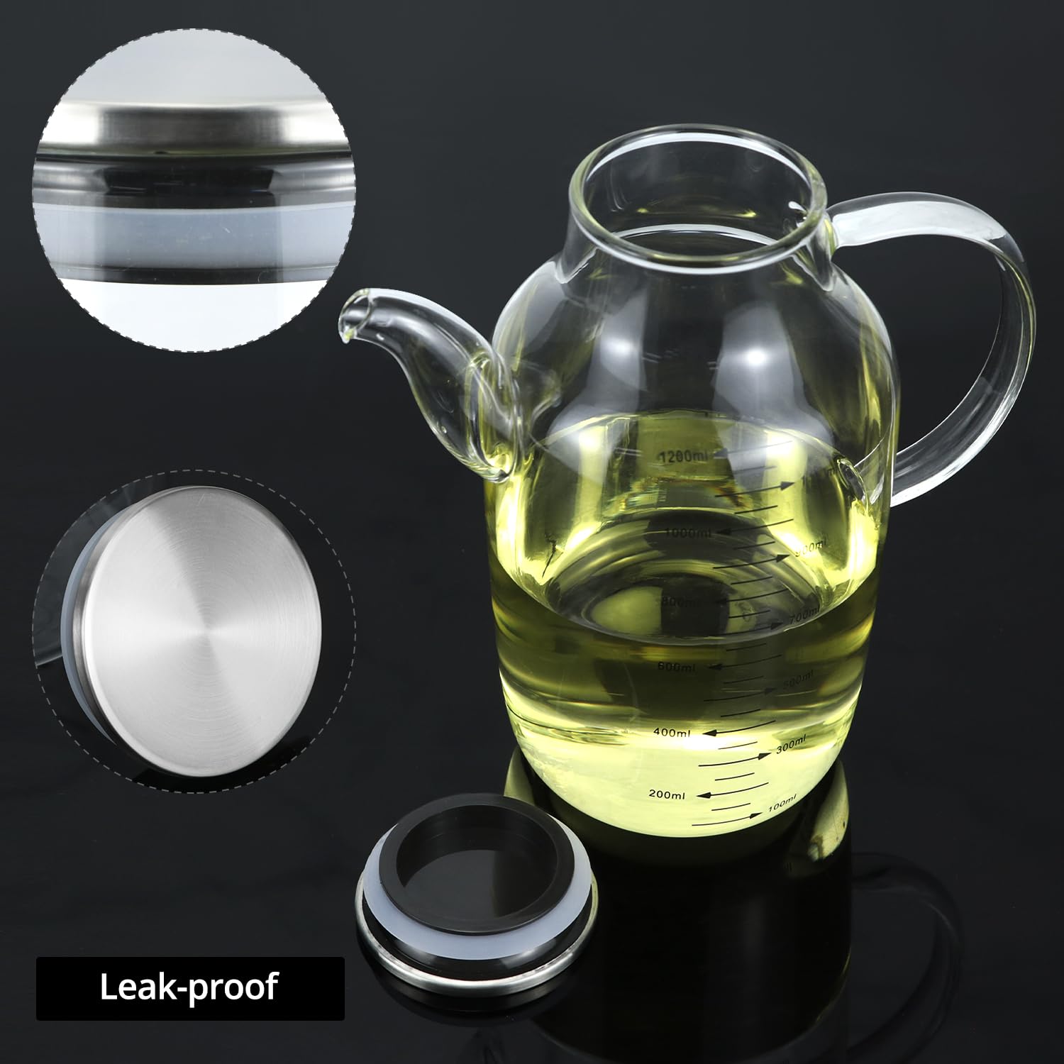 QWORK Botella grande de vidrio para aceite de cocina de 1200 ml, con tapa de acero inoxidable, dispensador de aceite y vinagre, para aceite de oliva, vinagre, salsa de soja, recipiente líquido sin