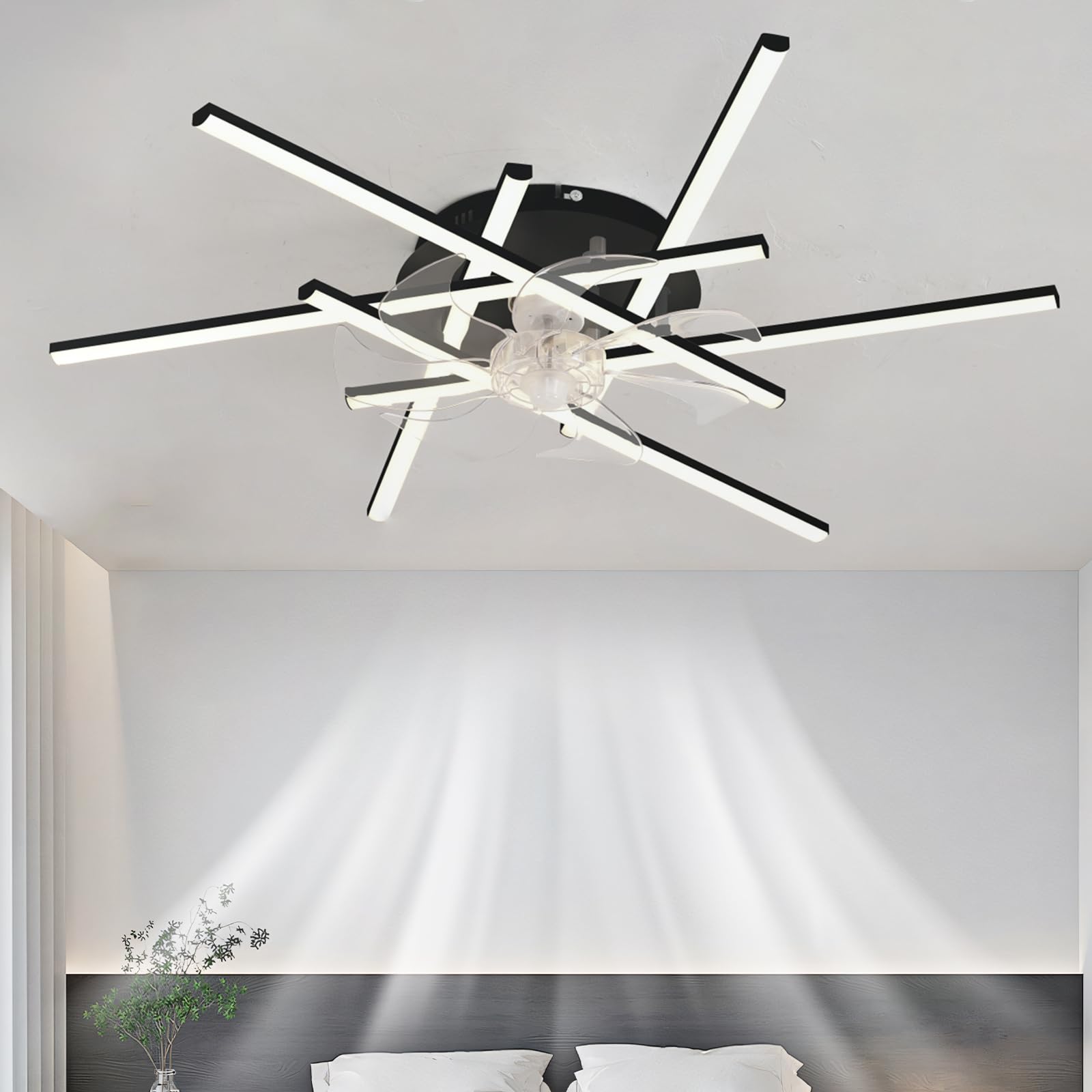 33in Ceiling Fans With Lights and Remote Control Silent Reversible LED Fan Light Dimmable 6 Speed Dc Fan Ceiling Light Large White Smart Modern Indoor For Bedroom, Living Room, Lounge-Black||82cm