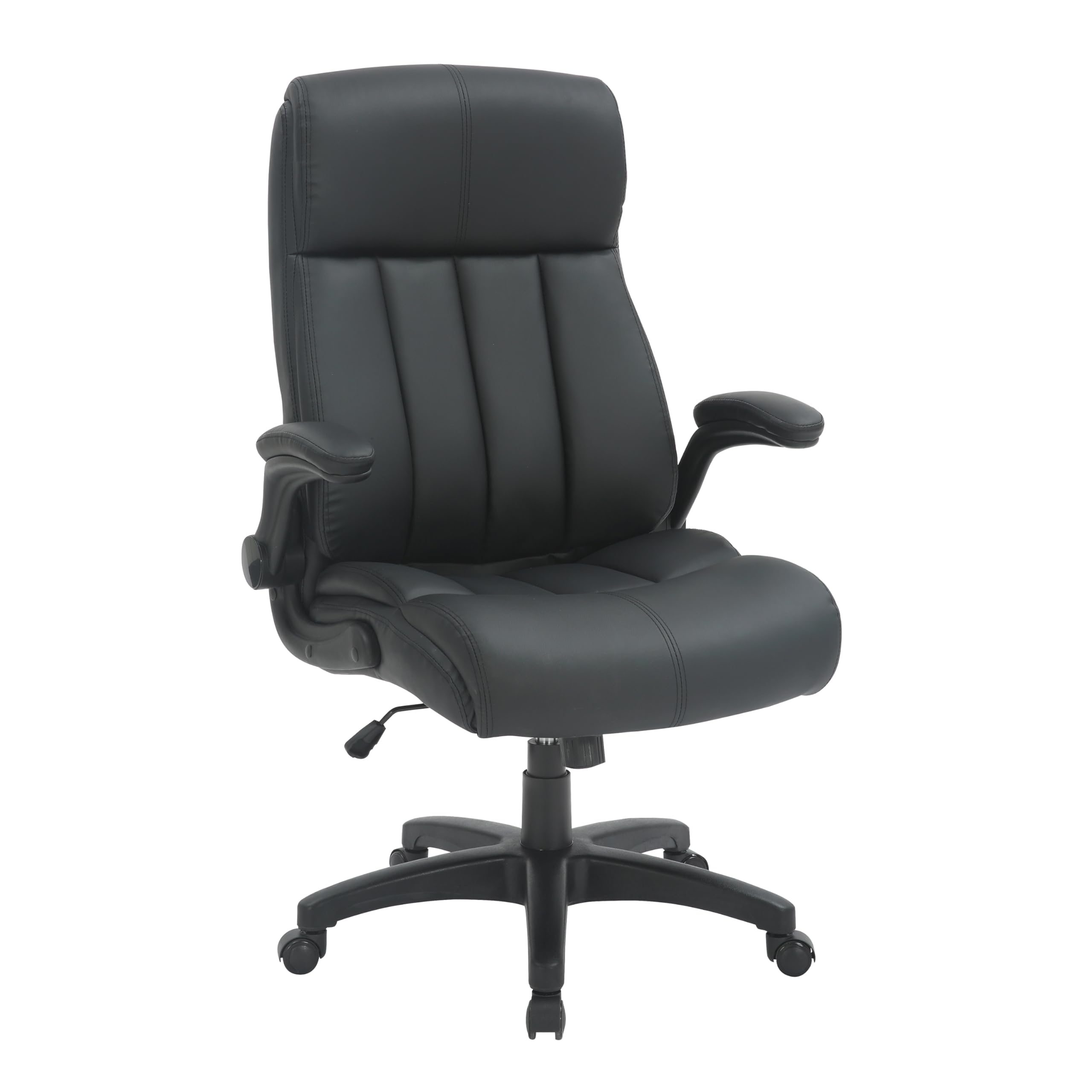 Silla de oficina ejecutiva de cuero con reposabrazos acolchados abatibles y altura ajustable con control de inclinación, silla de escritorio de poliuretano, color negro