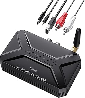 Bluetooth Transmitter Receiver, 3 in 1 Bluetooth 5.0 Aux Audio Adapter with USB/RCA/AUX Output for Music Streaming Sound System, Bluetooth Receiver for Home Stereo /TV/Car/PC/Headphone/Speaker