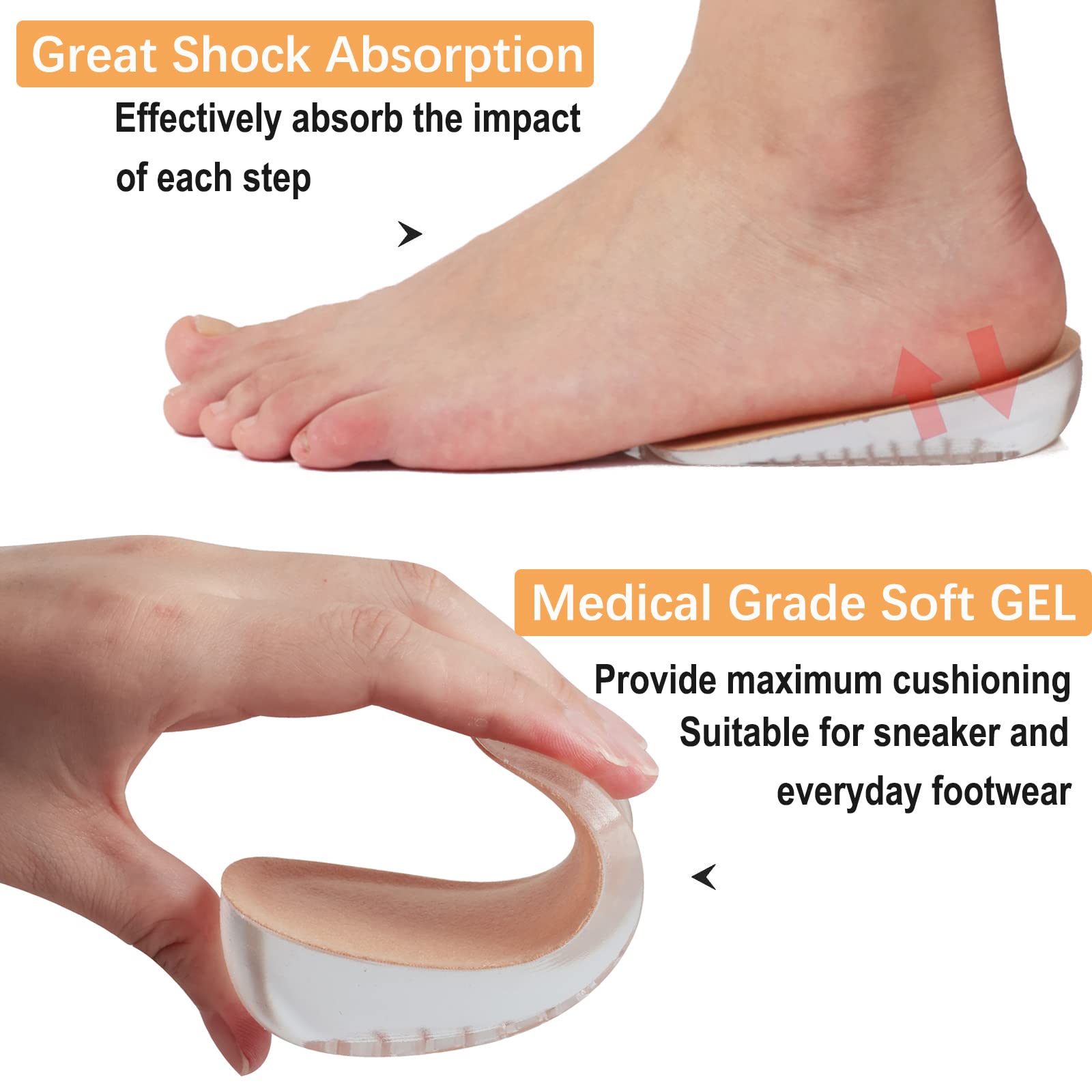 Olukssck 1 par Plantillas de Gel para Aumento Altura, Plantillas para Crecer Invisibles para Mujeres y Hombres, Absorción de Impactos, Altura 1cm, 2cm, 3cm(S para mujeres, altura:3 cm, caqui)