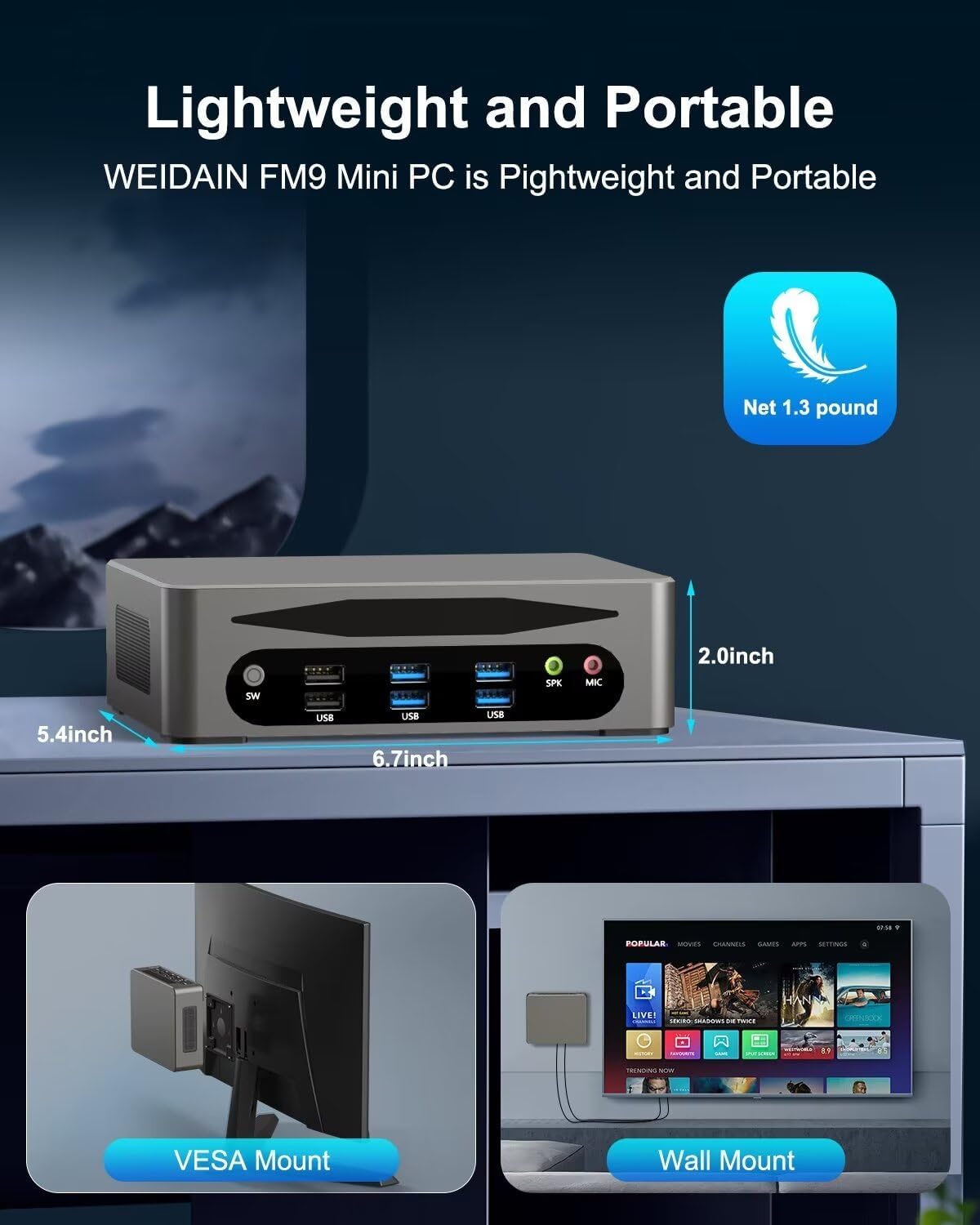 WEIDIAN Mini PC Gaming 13th Gen Core i7-1360P(12C/16T, up to 5.0GHz), 32GB DDR5 1TB SSD Win 11 Pro Mini Desktop Computer Support Triple Display(HD/USB-C/8K DP), WIFI6&BT5.2, 8*USB, 2 * 2.5Gbe LAN - Image 9