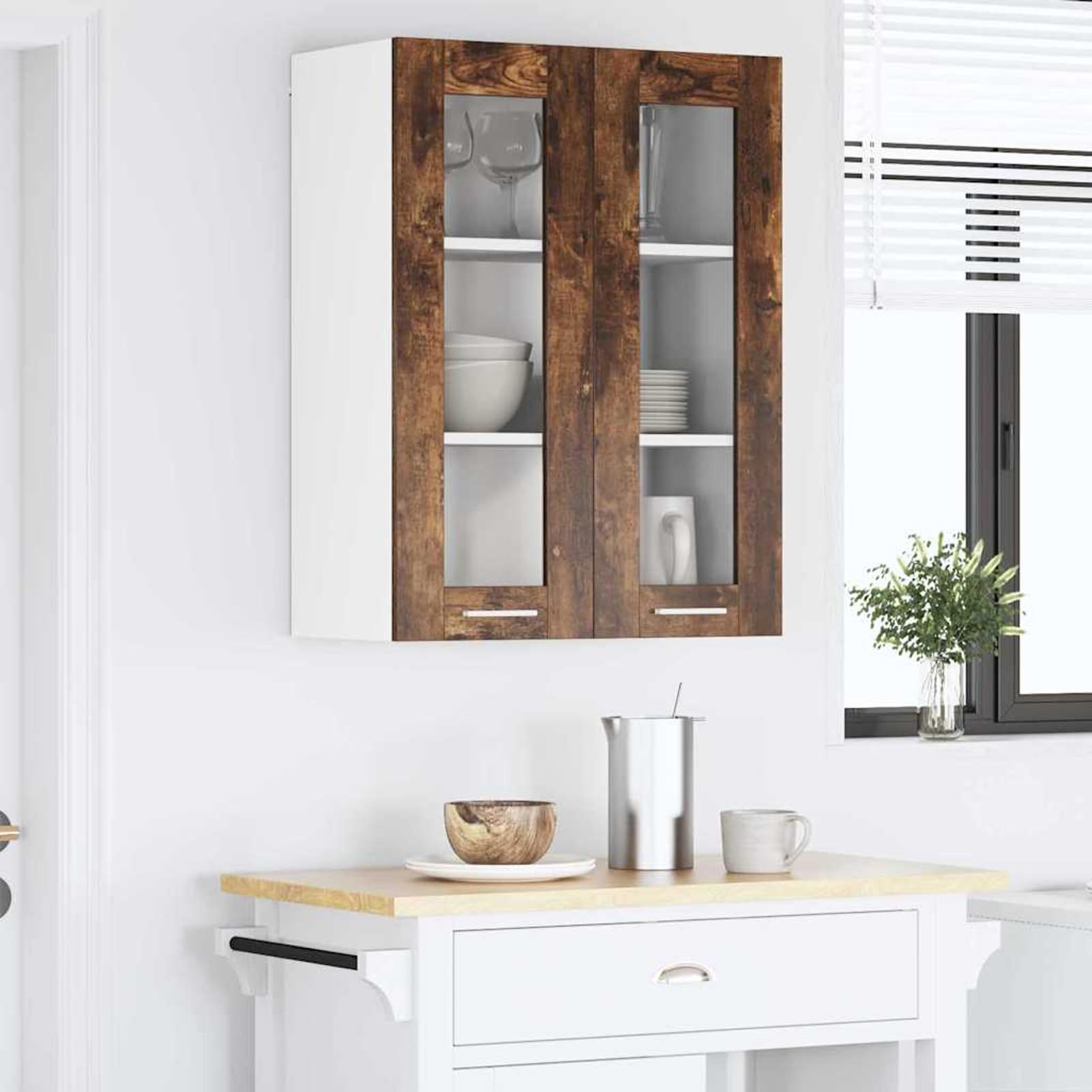 Armadietto pensile da cucina, in rovere affumicato, larghezza 60 cm, altezza 80 cm, con 2 ante a cerniera interne