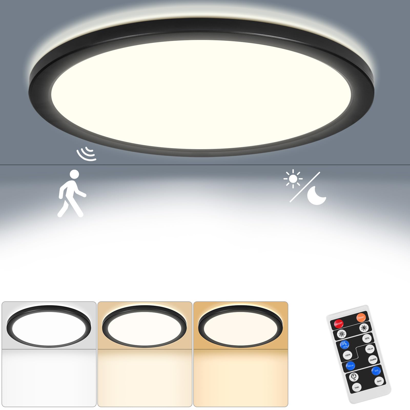 LEZOE LED plafondlamp met bewegingsmelder IP65 waterdicht, 12W/18W 2700lm 150(Lm/W) sensor radar plafondlamp 3000K/4000K/6500K Ideaal voor badkamer, garage, kelder, gang, balkon, entree 22cm wit