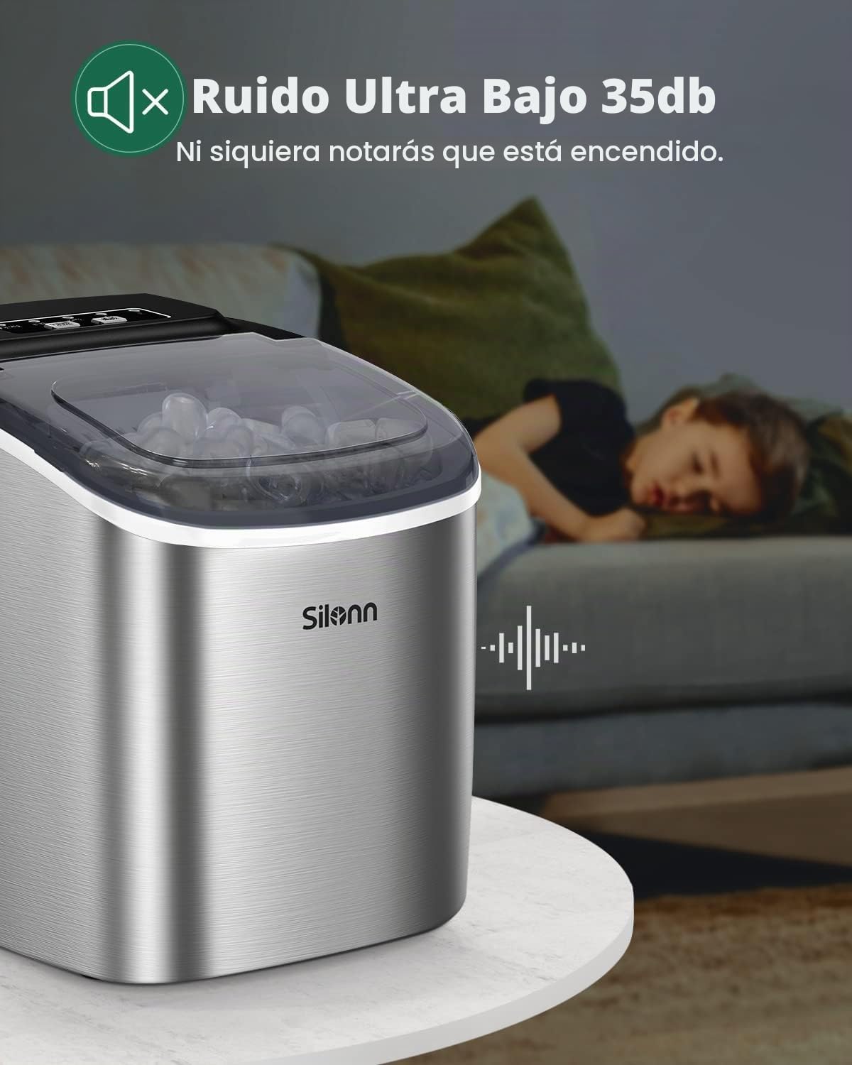 Silonn Máquina de cubitos de hielo pequeña con asa, 9 cubitos de hielo en solo 6 min, 12 kg en 24 horas, autolimpiable, compacta, con 2 tamaños de hielo, ideal para cocina, oficina y fiestas, color