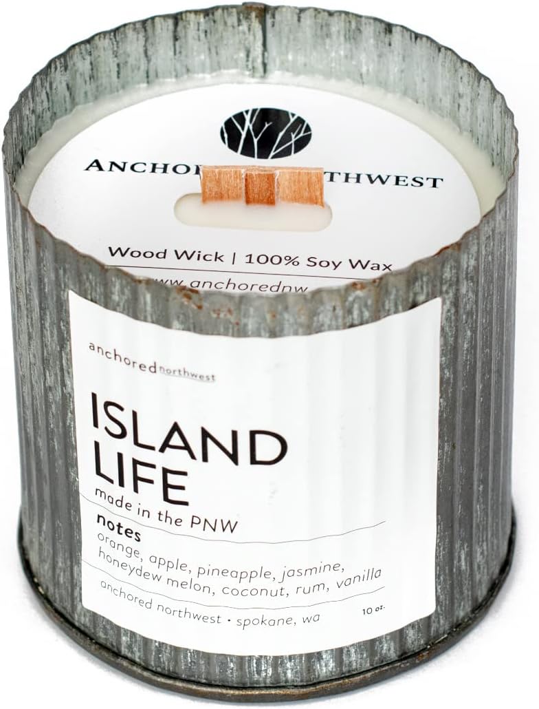 Anchored Northwest - Island Life Scented Rustic Vintage Candle, 10oz Corrugated Metal Tin, American Cedar Wood Wick, Hand Poured, Essential Oil Blend 100% Soy Wax, 60 Hour Burn