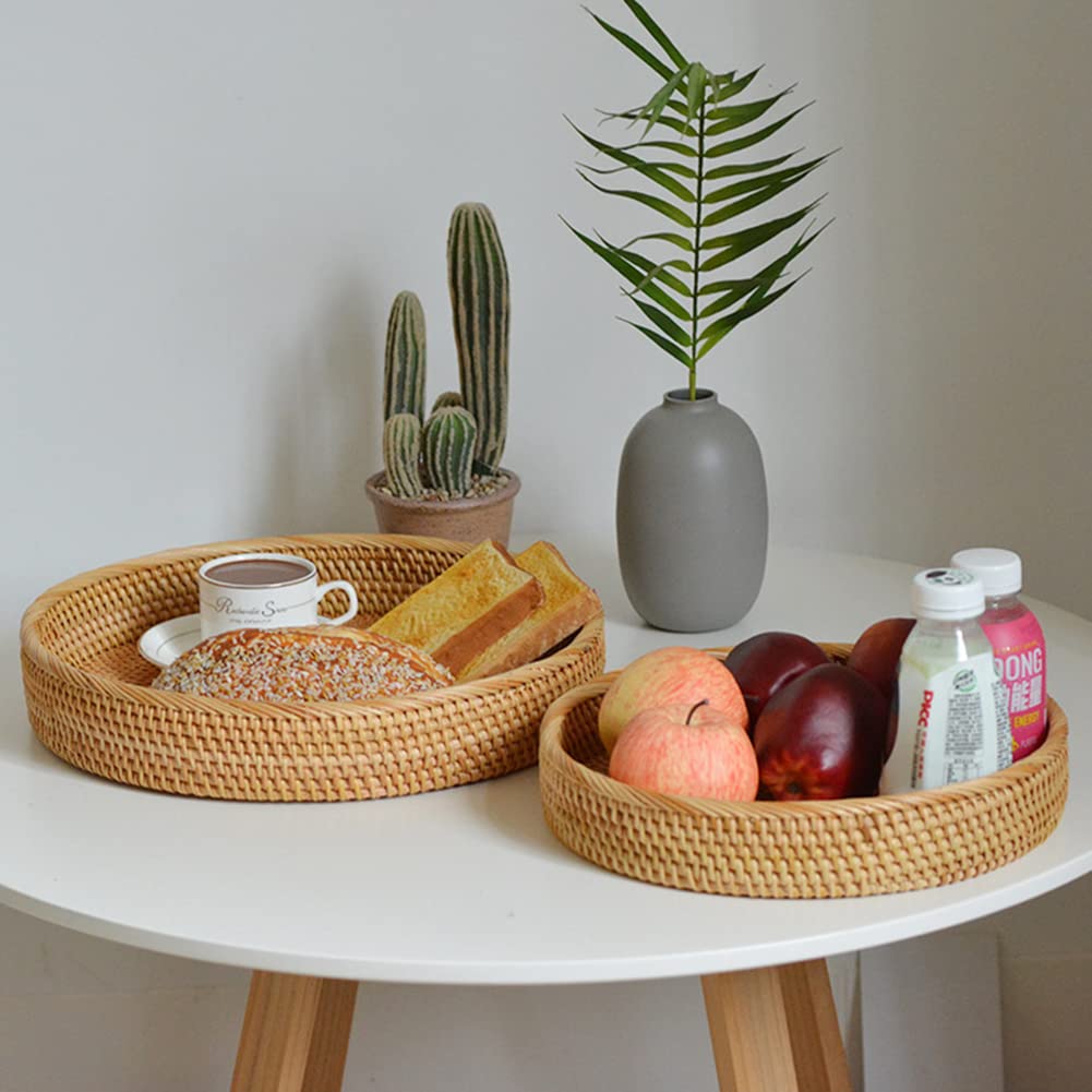 2 Stück Rund Rattan Obstkörbe, Geflochtene Brot Korb Natürlicher Aufbewahrungskörbe Eierkorb Organizer Obstplatte Picknickkorb Brotschale Obstschale für Esszimmer Küche Wohnkultur Desktop Organizer