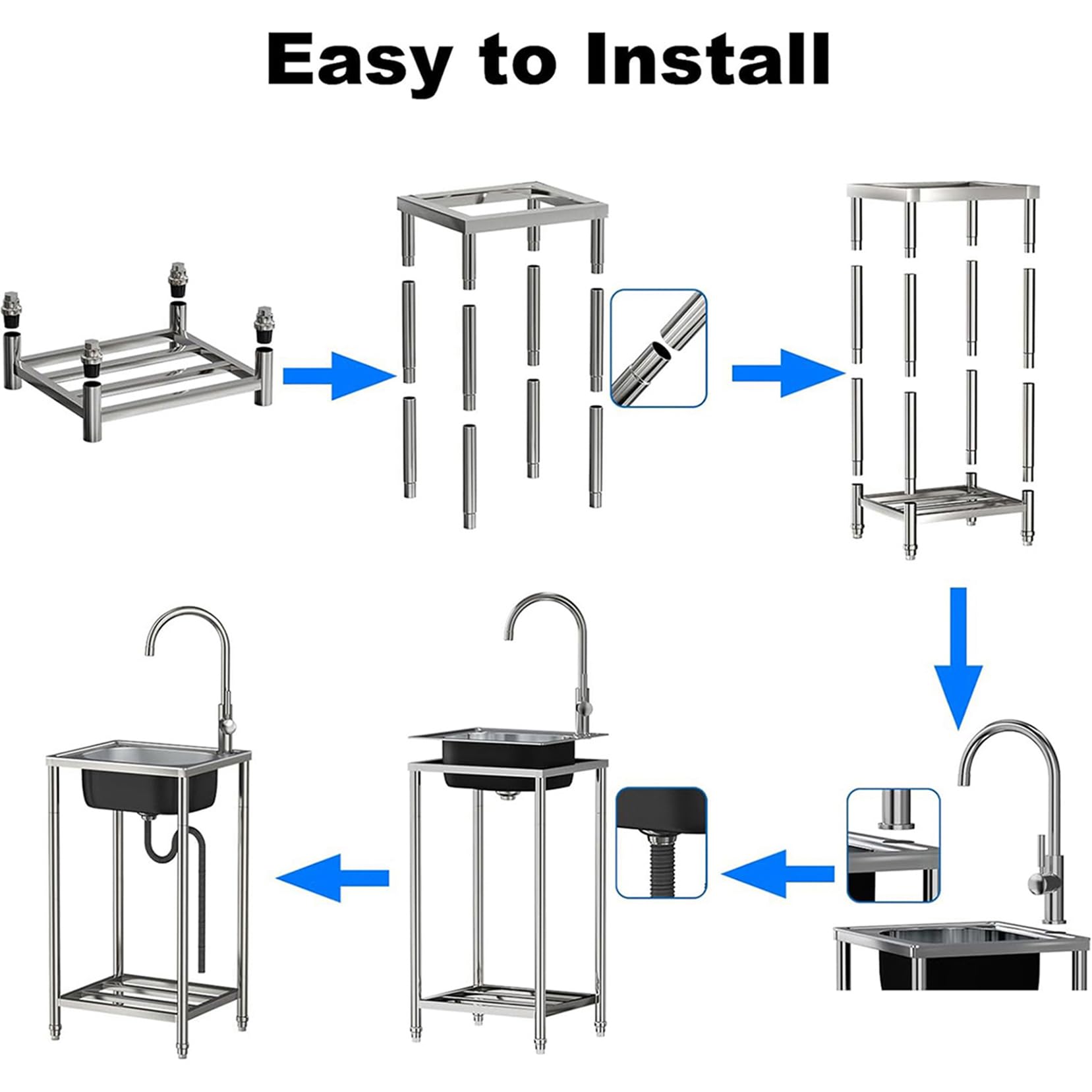 Fregadero De Cocina Exterior/Jardin Mueble Fregadero De Acero Inoxidable | Portatil Lavamanos Industriales con Grifo Estante Y Escurridor Pila De Lavar Para Garajes/Lavanderías/Restaurantes Comercial