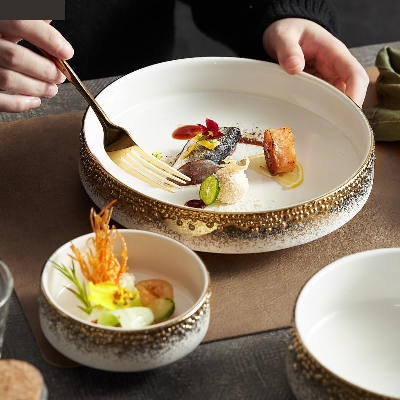 Forniture Per Feste Cena rotonda in ceramica Ciotola di riso Pasta Sashimi Piatto di sushi Ristorante retrò Bordo dorato Posate Zuppa Bacinella Noodle Ramen Insalate Ciotole Piatto Piatti Della Festa
