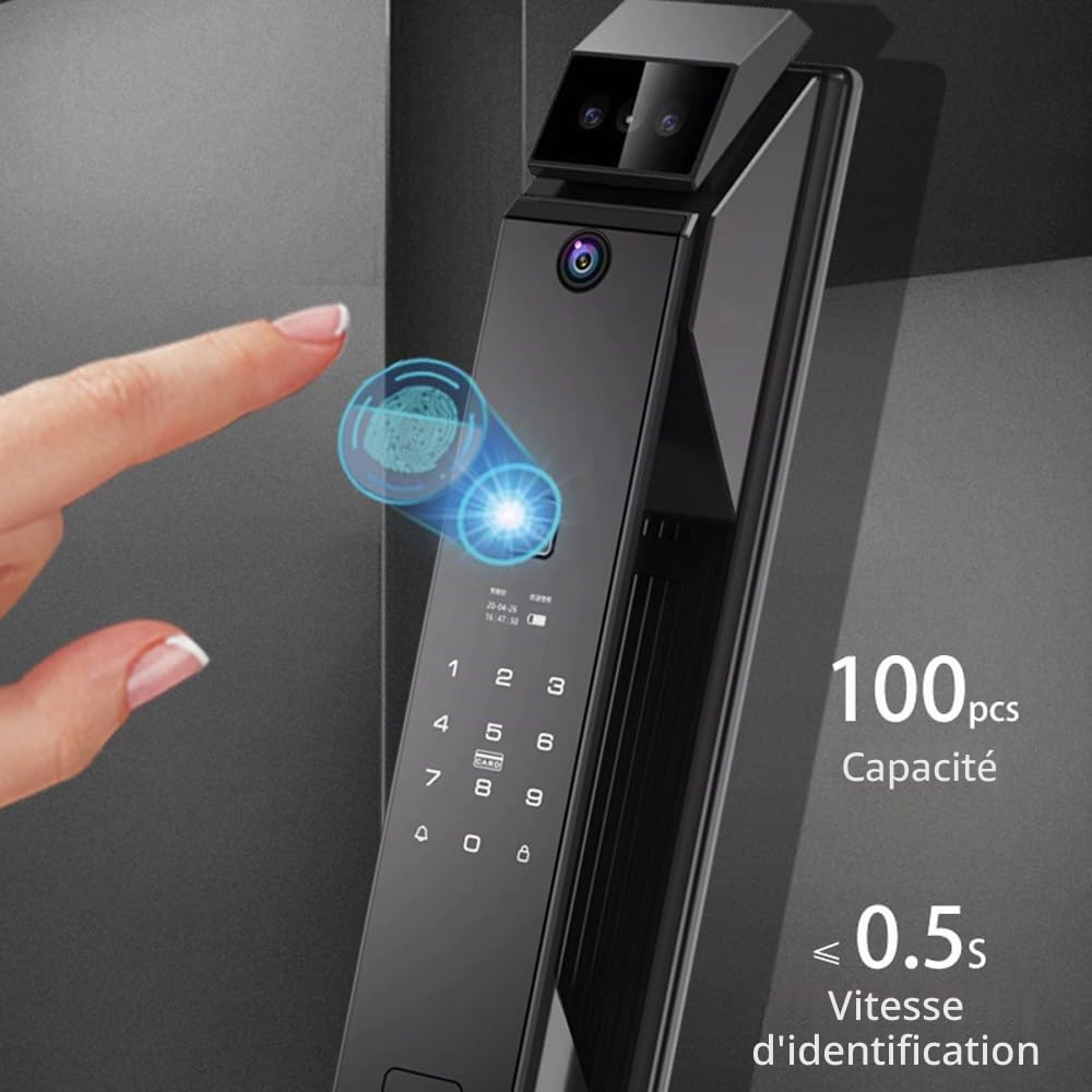 Matybobe Serrure à empreinte digitale intelligente avec caméra HD, serrure de porte biométrique avec reconnaissance faciale intelligente et poignée, 6 modes de déverrouillage, pour portes de 40–120 mm