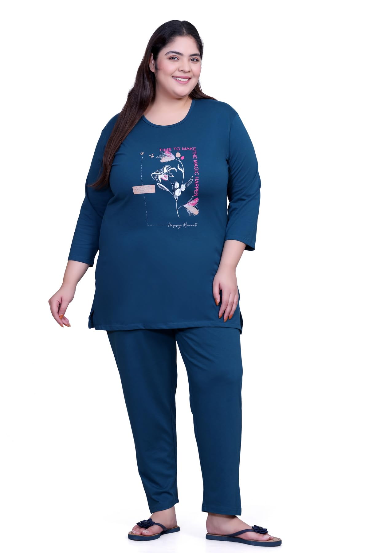 Women's Cotton Chest Printed Full Sleeve Plus Size Semi Long T-Shirt with Lower Set-image-6