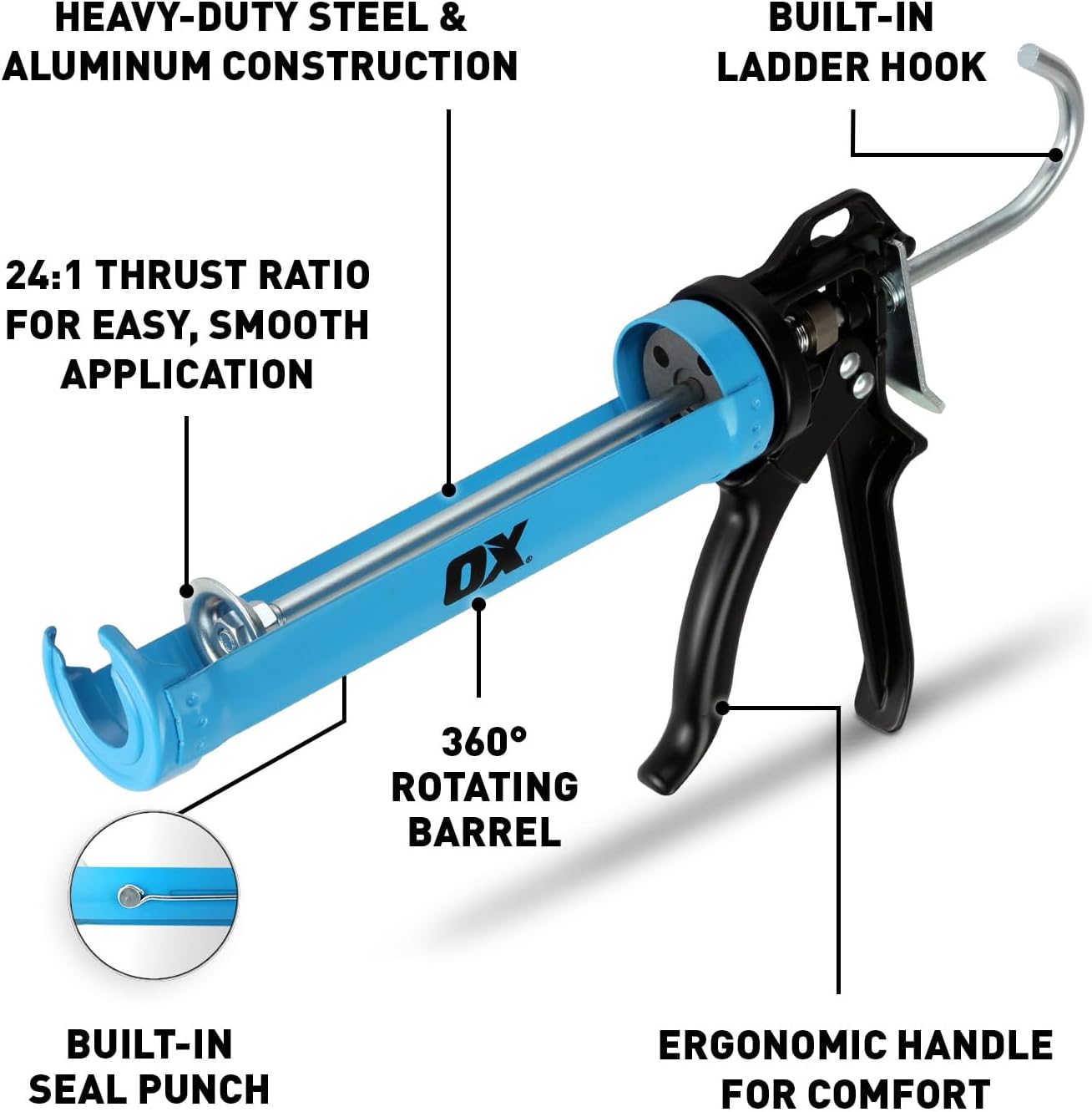 Ox Tools 10-Ounce Heavy Duty Caulk Gun with 24:1 Thrust Ratio & Tuff Blade 30ft Shock Proof Tape Measure with Dual Magnet Hook, 1-1/4" Nylon Coated Blade — Construction Tool Bundle