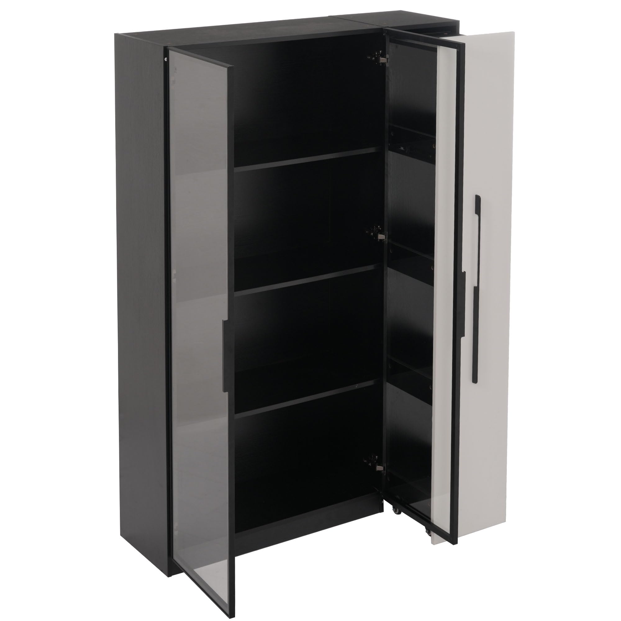 Armadio multifunzione con LED e porta in vetro - 110,5 x 35 x 160 cm - Vetrina con armadio su ruote estensibile - Armadio alto moderno in bianco + nero per soggiorno, ufficio, bagno