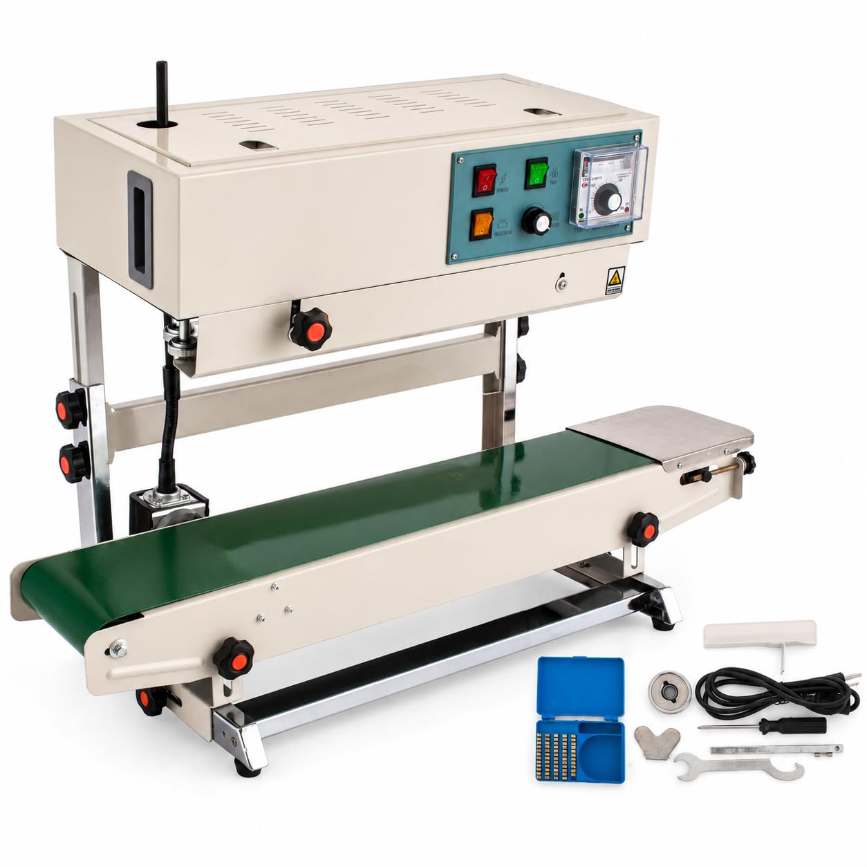 Sellador de banda continua con control digital de temperatura, velocidad de 0 a 24 m/min, ancho de sellado de 6 a 15 mm, función de estampado de fecha para un embalaje eficiente