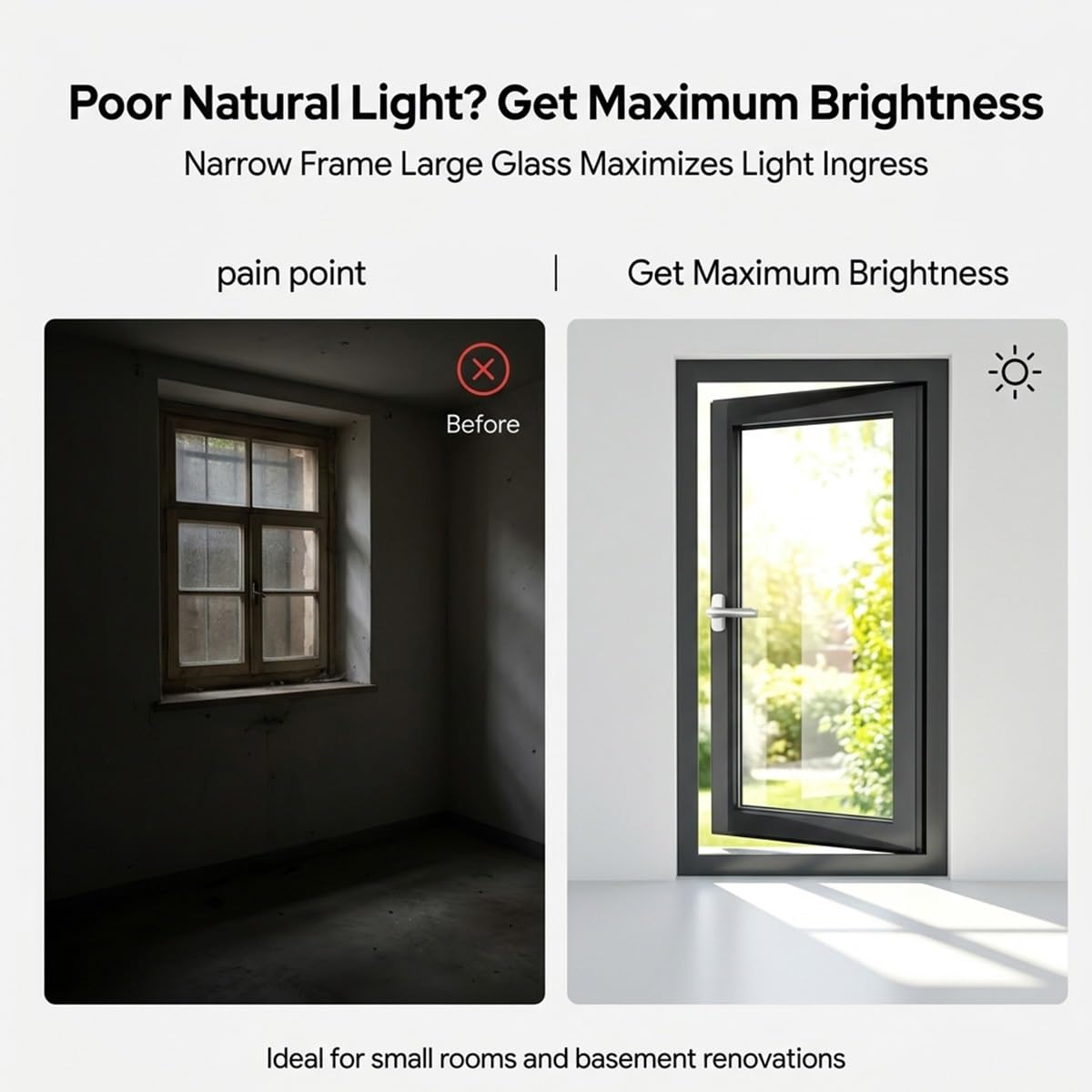 Ventana abatible de aluminio para sótano, doble cristal resistente de repuesto para cobertizo, ventilación suave para dormitorio y baño(Left Push Brown,19x21")