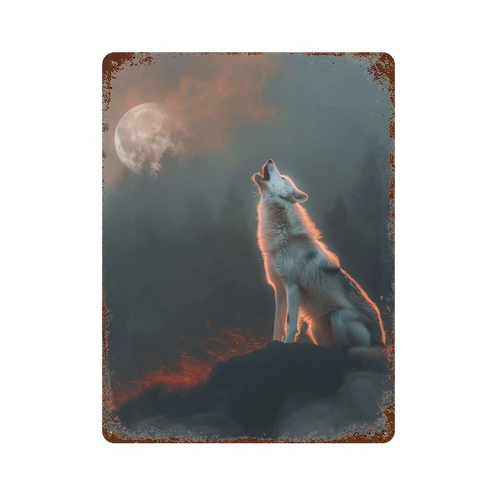 Moonlit Howling Wolf Vintage Metal Tin Sign 15.7"x11.8", for Garage, Bar And Workshop Decor, Novelty Wall Decor