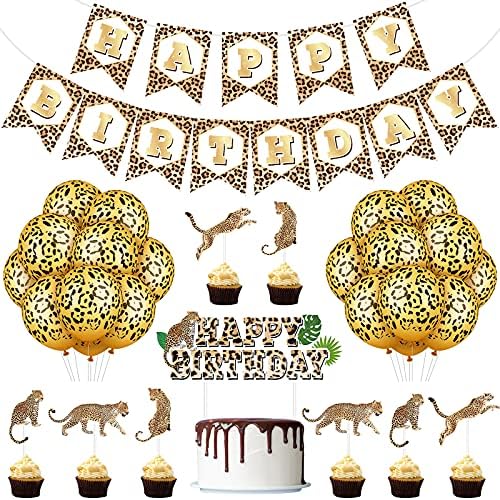46 Pieces Leopard Banner Cheetah Banner Cheetah Theme Balloons Leopard Cake Topper Leopard Cupcake Topper Leopard Wild Birthday Party Decoration for Cheetah Themed Birthday Party Decorations