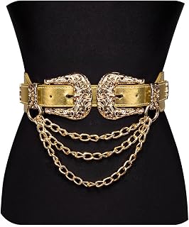 Dubulle Womens Belt Chain Leather Belts Vintage Western Adjustable Elastic Double Buckle for Cowboy Pant Dress