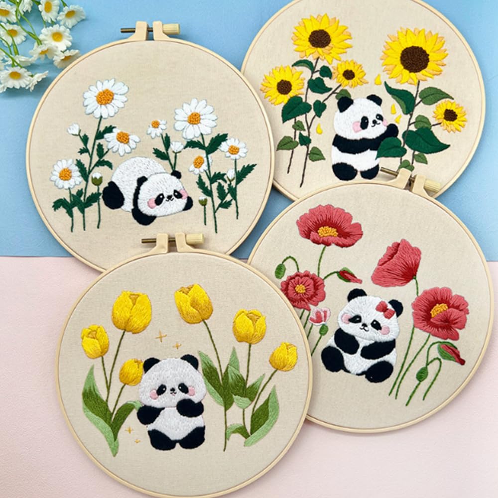 Huacan 4 Sets of Beginner Embroidery Kits, Embroidery Starter Kits, Including Cloth with Floral Patterns, Colored Threads - Image 2