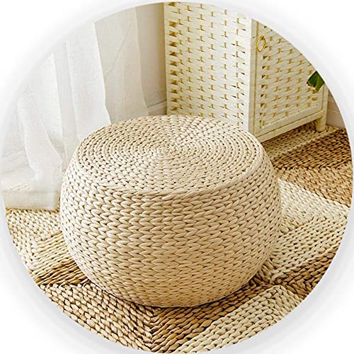 Round Straw Weave Seat Mat, Handmade Chair Cushion, Rattan Weave Pouf Footrest, Country Style Solid Wood Frame for Garden, Dining Room, Living Room Decor, Terrace(32x22cm)