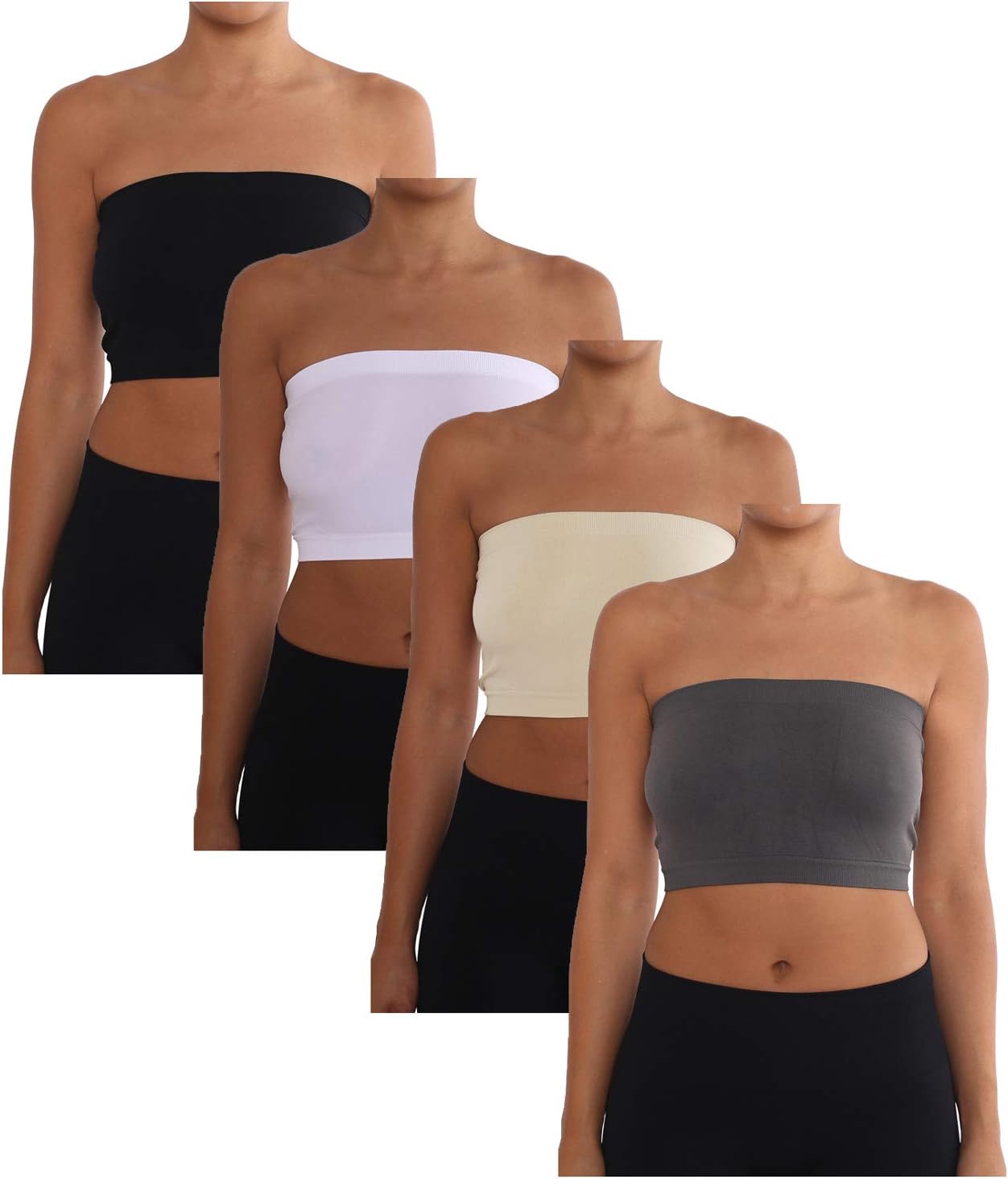 Women's Combo Pack One Size Strapless Base Bra Layer Bandeau Seamless Tube Top Regular and Plus Sizes (Plus Pack of 4) (Black-White-Nude-DkGray)
