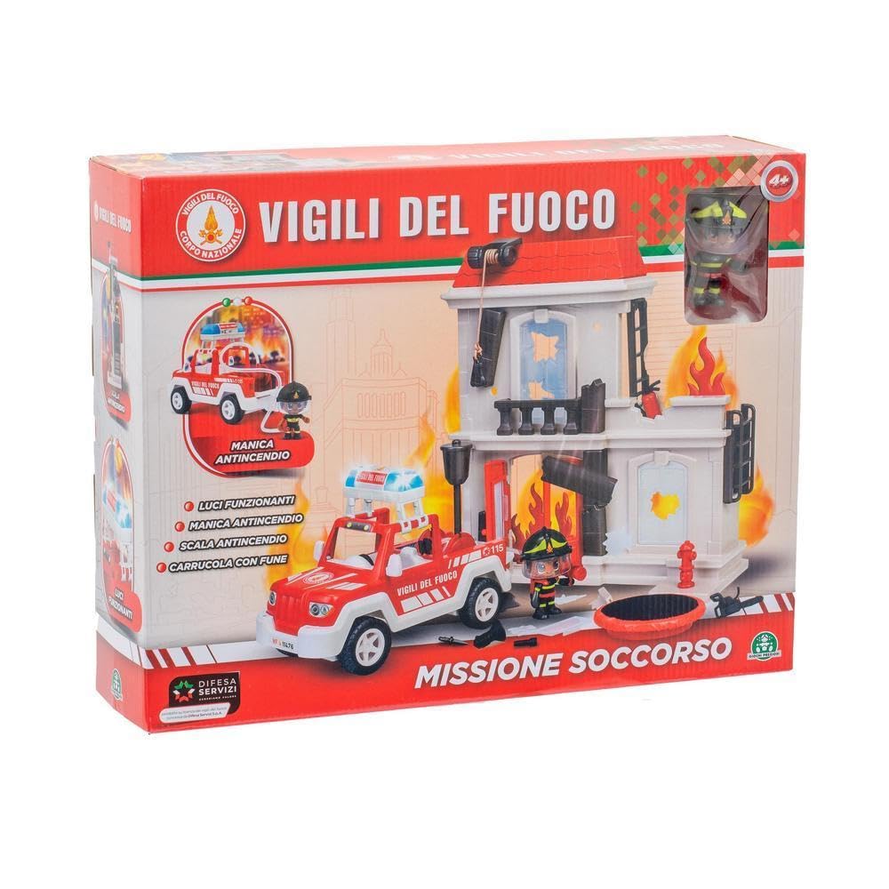 Giochi Preziosi Bomberos- Playset Que Incluye Palacio en Llamas, vehículo de Rueda Libre de Bomberos, Bombero de 7 cm Lleno de Accesorios y Detalles para niños a Partir de 4 años