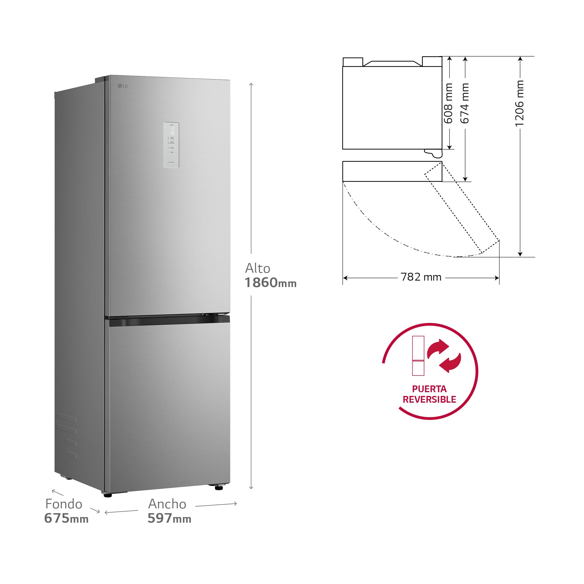 LG GBBSJ11DPY - Frigorífico Combi DoorCooling+, 1.86m, Clasificación D, Serie 200, Capacidad 333l, Inox antihuellas
