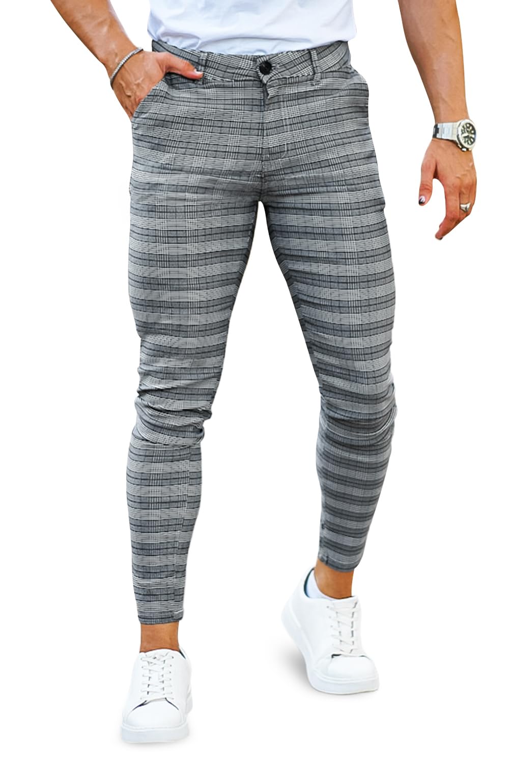 GINGTTO Mens Plaid Dress Pants Stretch Chino Pants Men Slim Fit