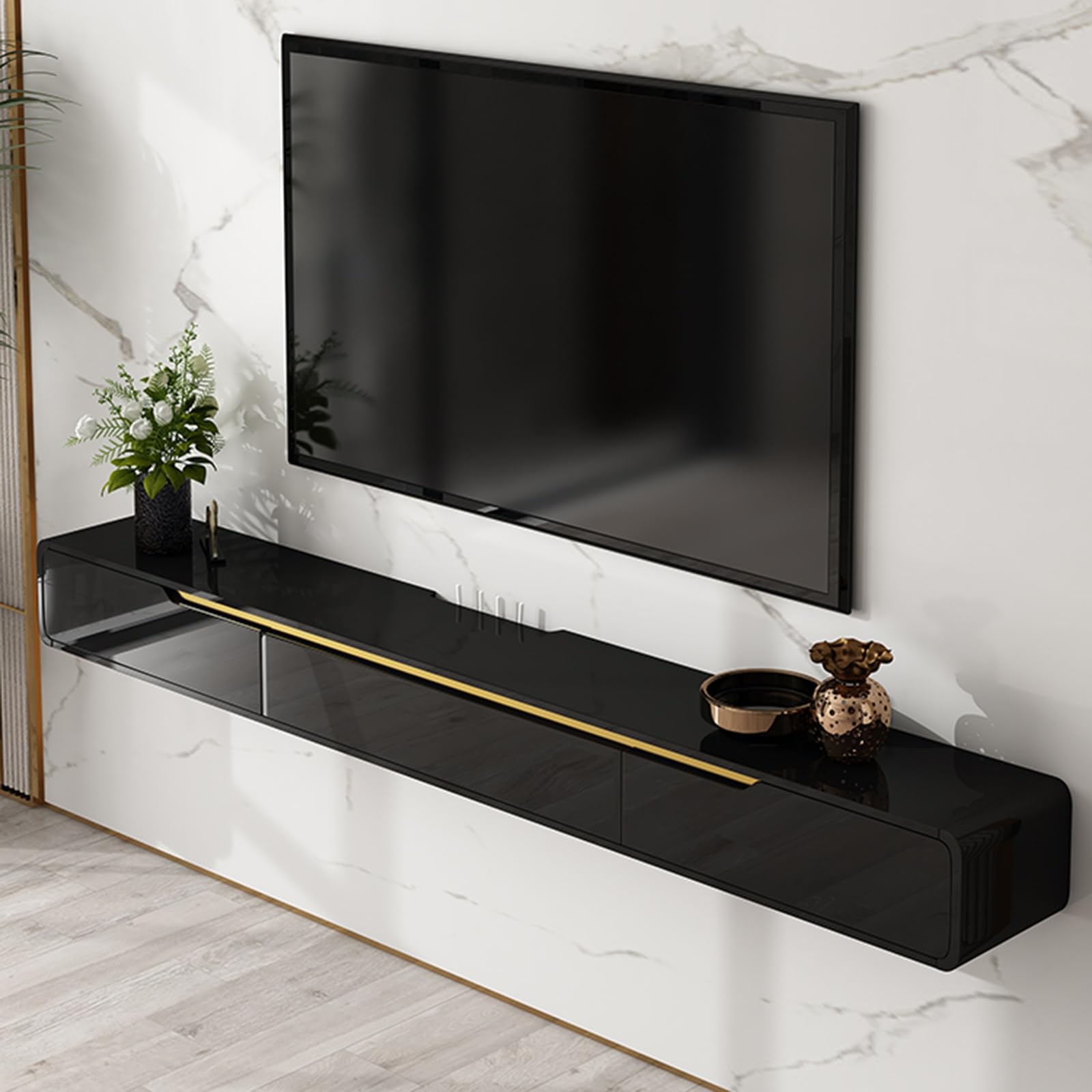 Schwimmende TV-Konsole, Wandhalterung, Media-Entertainment-Center mit Schubladen und Gaming-Aufbewahrung, Wandmontage, TV-Ständer, Regal, Schrank für Zuhause, Schwarz, 180 cm