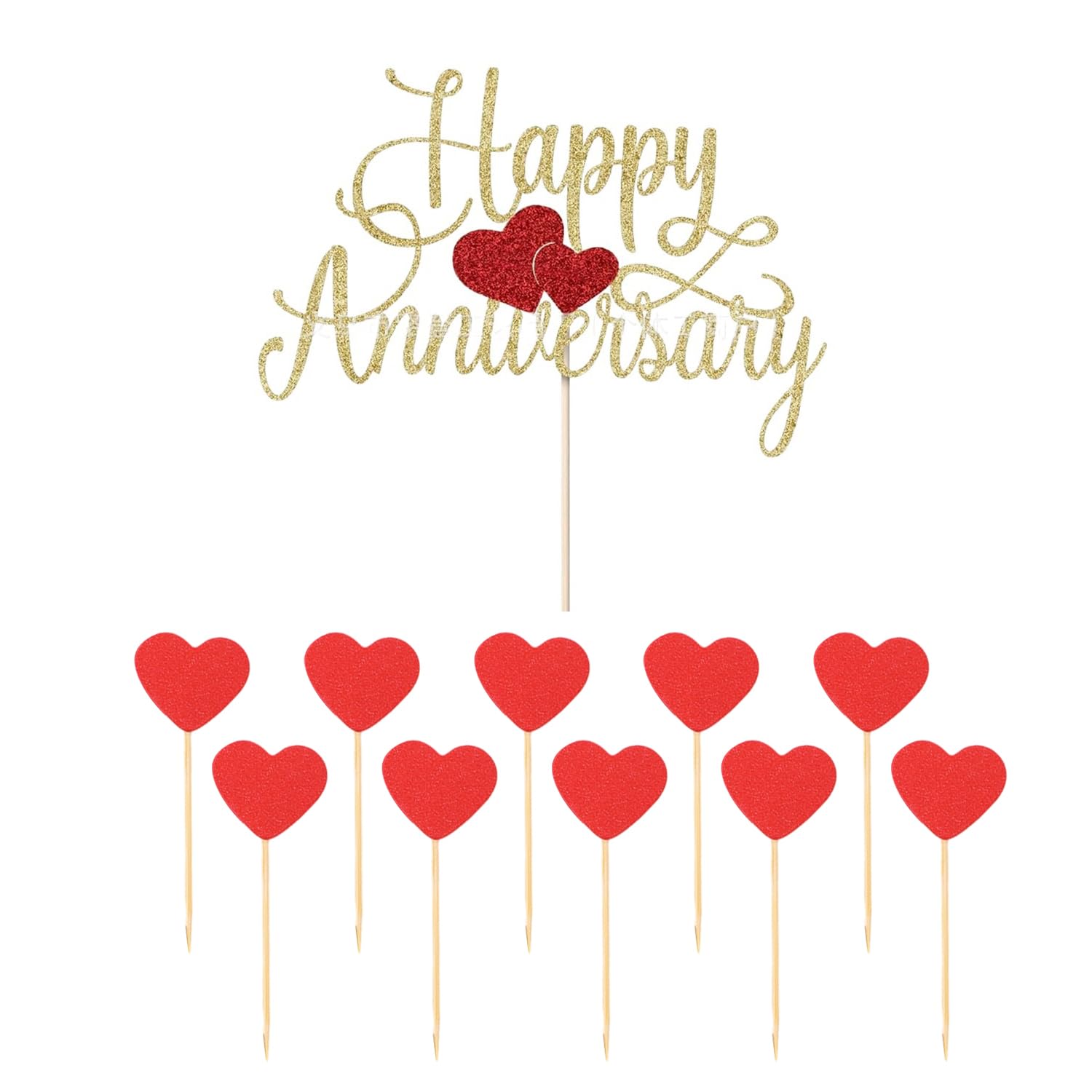 USHXVG 1 Anniversary Cake Insert And 10 Bamboo Sticks, Decorated With Golden Glitter, Eye-Catching Text To Enhance The Atmosphere, Suitable For Company Anniversary, Celebration Cake Decoration.
