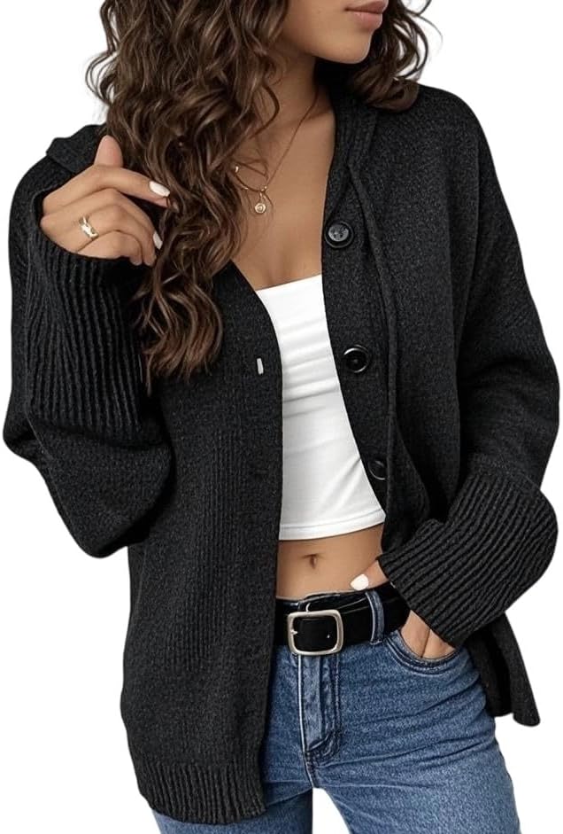 Baggy V-Neck Hooded Drawstring Cardigan for Women Spring Casual Oversized Long Sleeve Button Front Sweaters