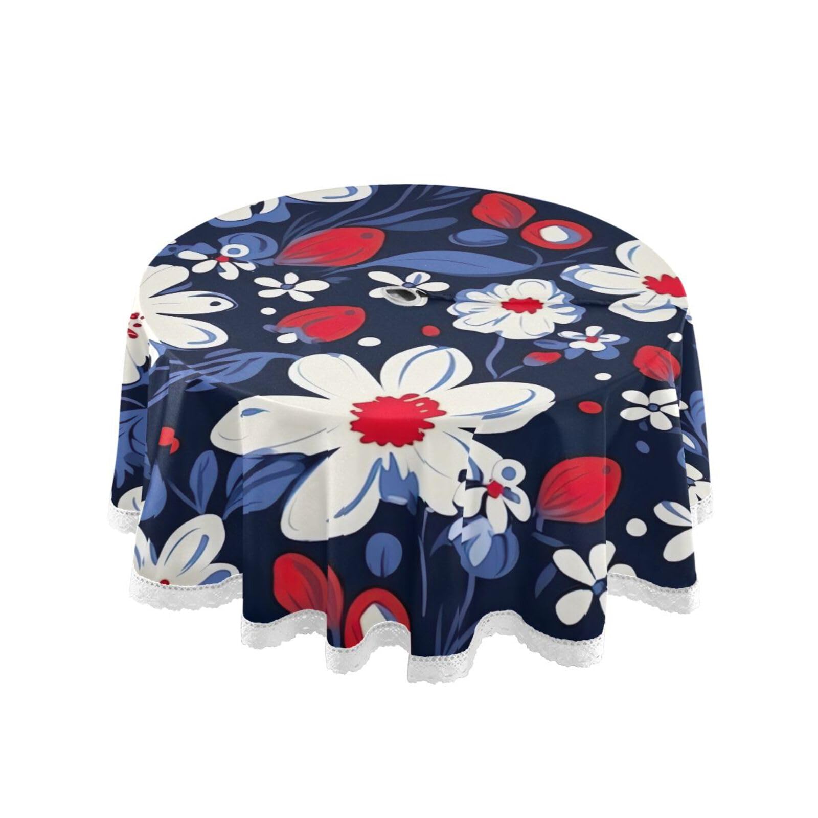 Coikll Outdoor White Red Flower Round Tablecloth with Umbrella Hole and Zipper Stain Resistant Waterproof Table Cover for Camping Party - 60 Inch