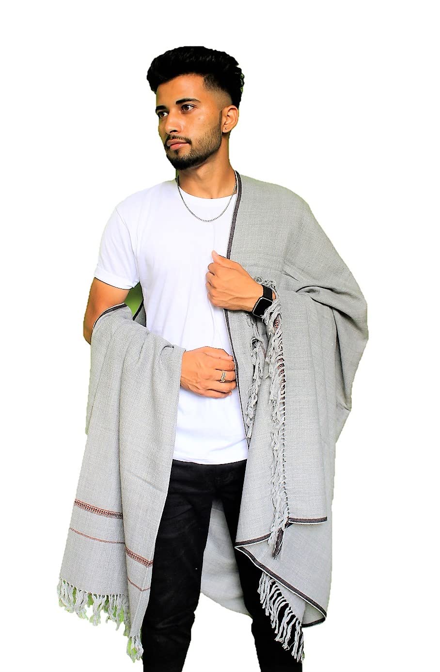 loom himalaya Men's Plain Pure Woollen Kullu Handloom Lohi/Shawl [50" X 100"] (Light Grey, Pure Wool)-picture-10
