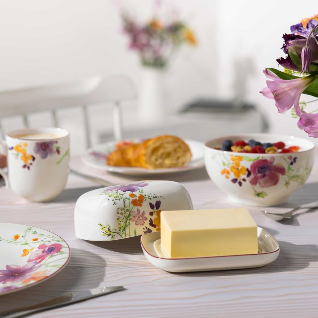 Villeroy & Boch - Mariefleur Basic Butterdose mit Deckel Bunt, Spülmaschinenfest, Mikrowellensicher, Butterglocke, Butteraufbewahrung, Dose für Butter, Florales Design, Blumenmuster, Premium Porzellen