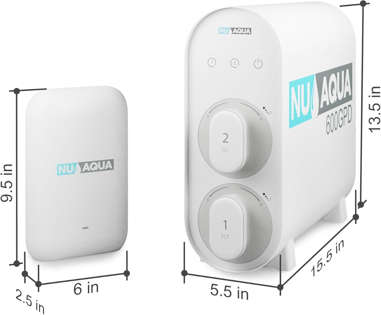 Diagram showing the dimensions of the NU Aqua Tankless RO system: Main unit 15.5 inches L x 5.5 inches W x 13.5 inches H, and external UV filter 6 inches L x 2.5 inches W x 9.5 inches H.